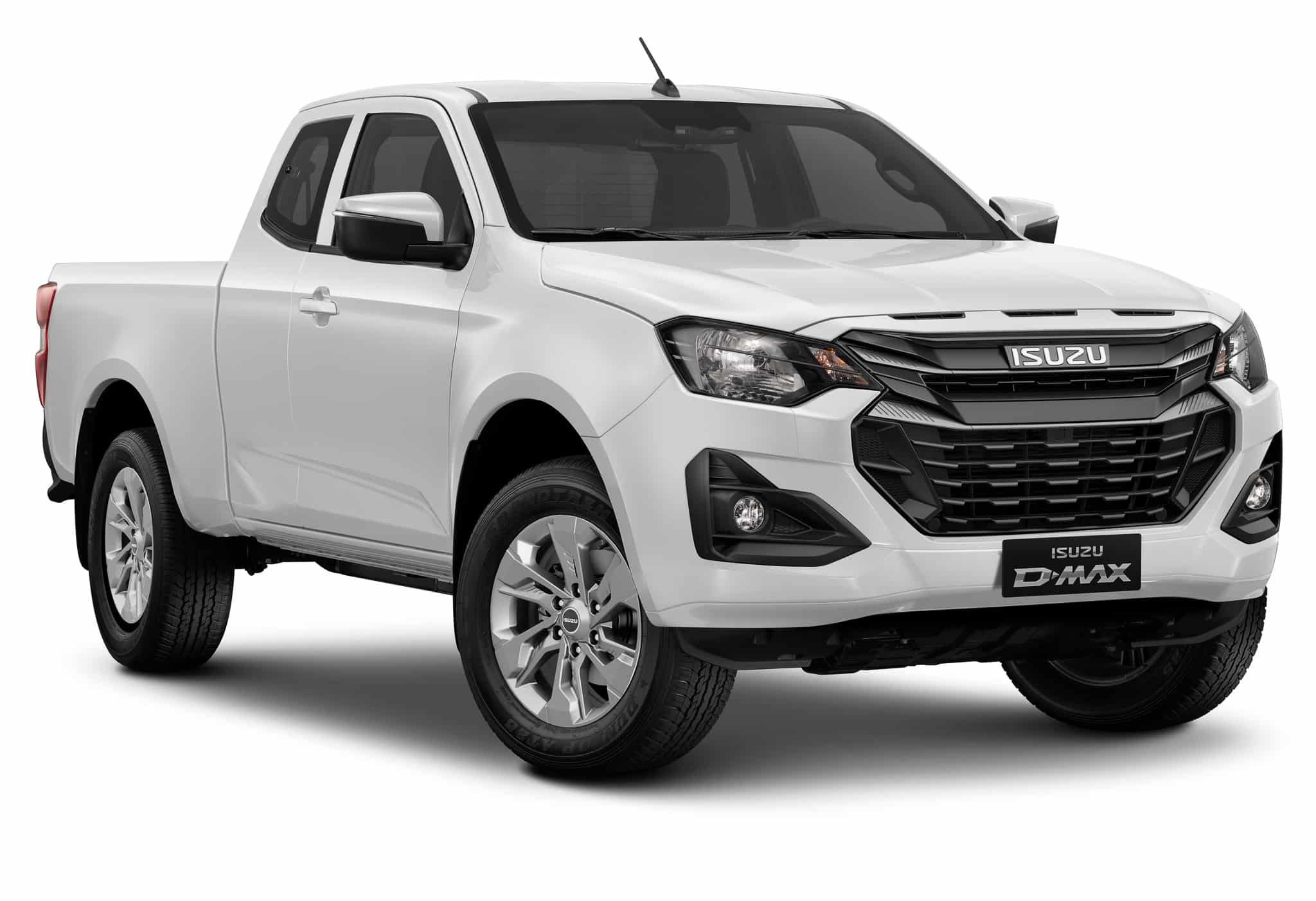 Pickup Isuzu D-Max blanc, cabine approfondie et calandre noire sur fond blanc.