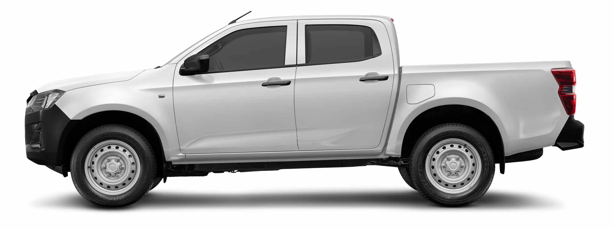 Pick-up blanc double cabine de profil avec jantes en acier et vitres teintées.