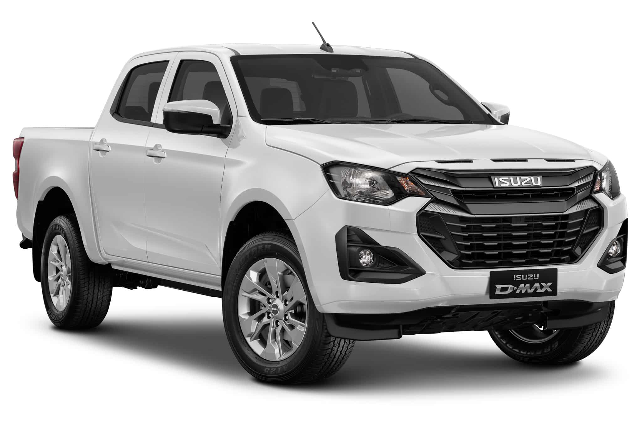 Pick-up Isuzu D-Max blanc double cabine avec calandre noire et phares LED.