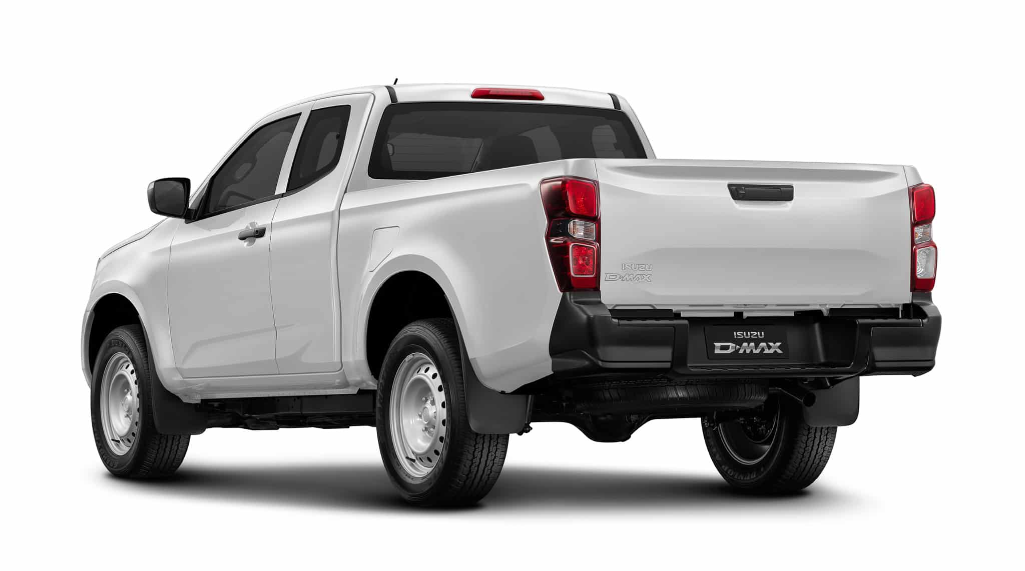 Isuzu D-Max blanc, vue arrière trois-quarts, jantes acier, utilitaire robuste.