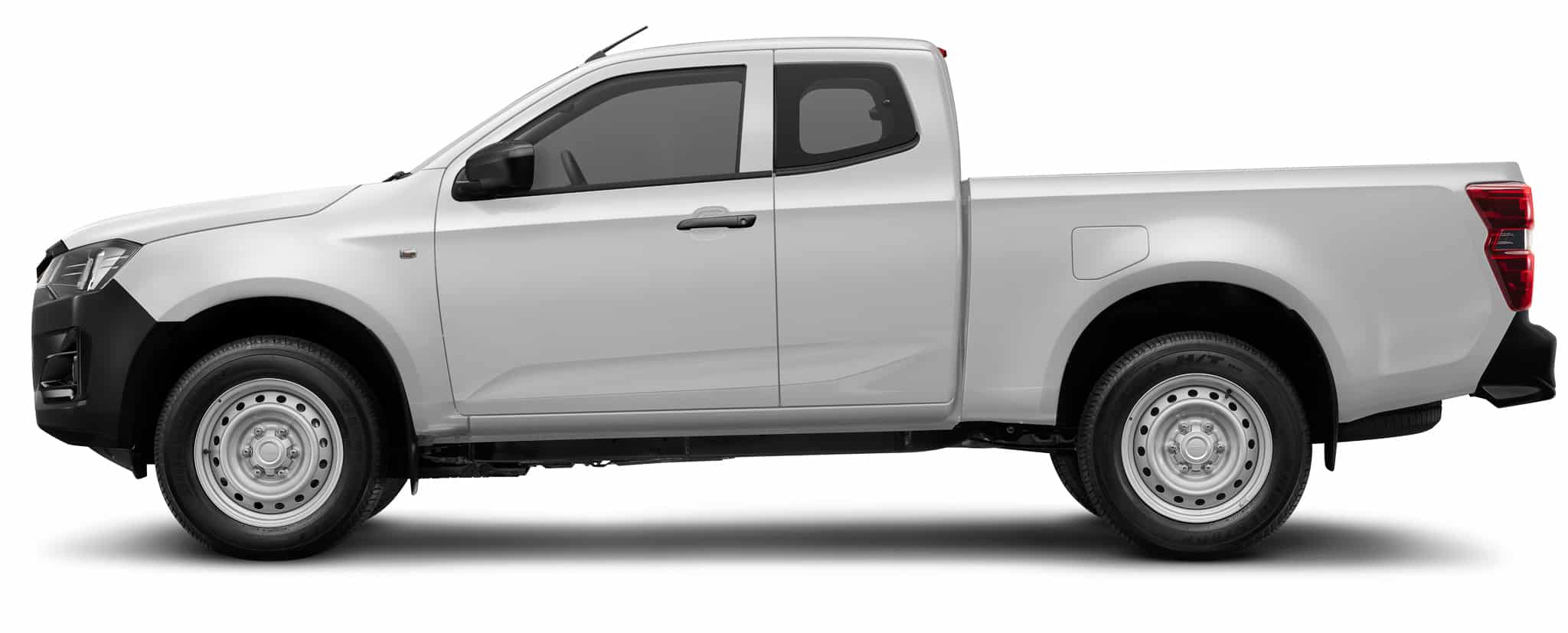 Profil Isuzu D-Max blanc, cabine allongée et jantes acier, utilitaire robuste.