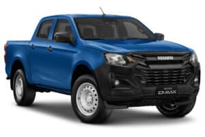 Isuzu D-MAX bleu, pickup double cabine, pare-chocs noir et jantes acier.