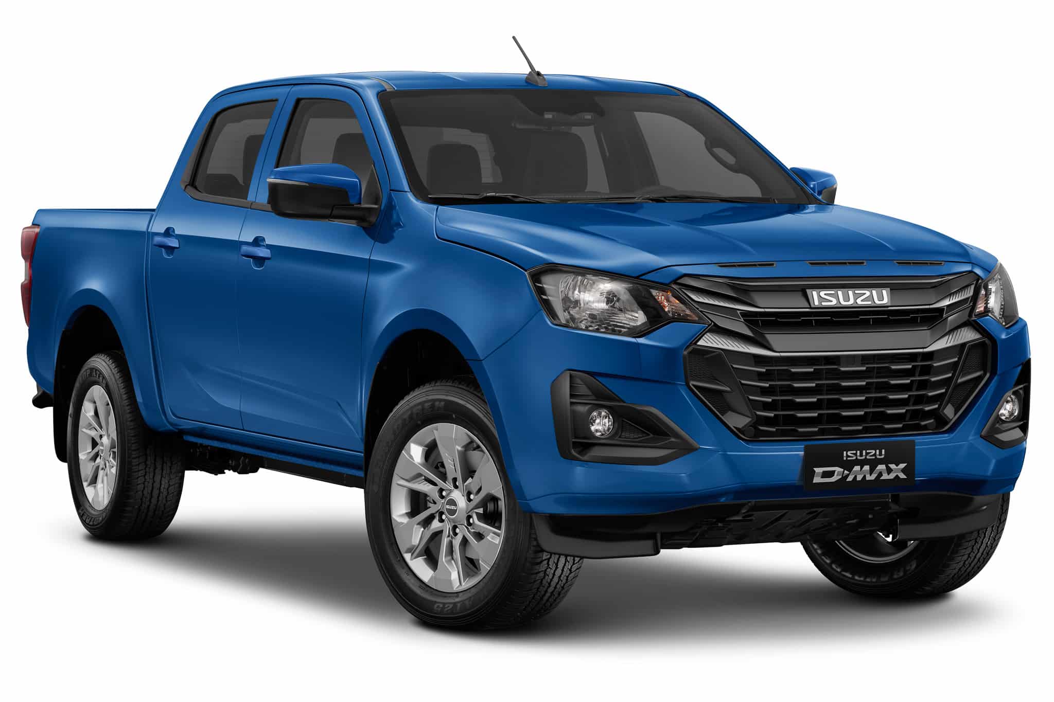 Pick-up Isuzu D-Max bleu, double cabine, calandre noire et jantes alliage sur fond blanc.