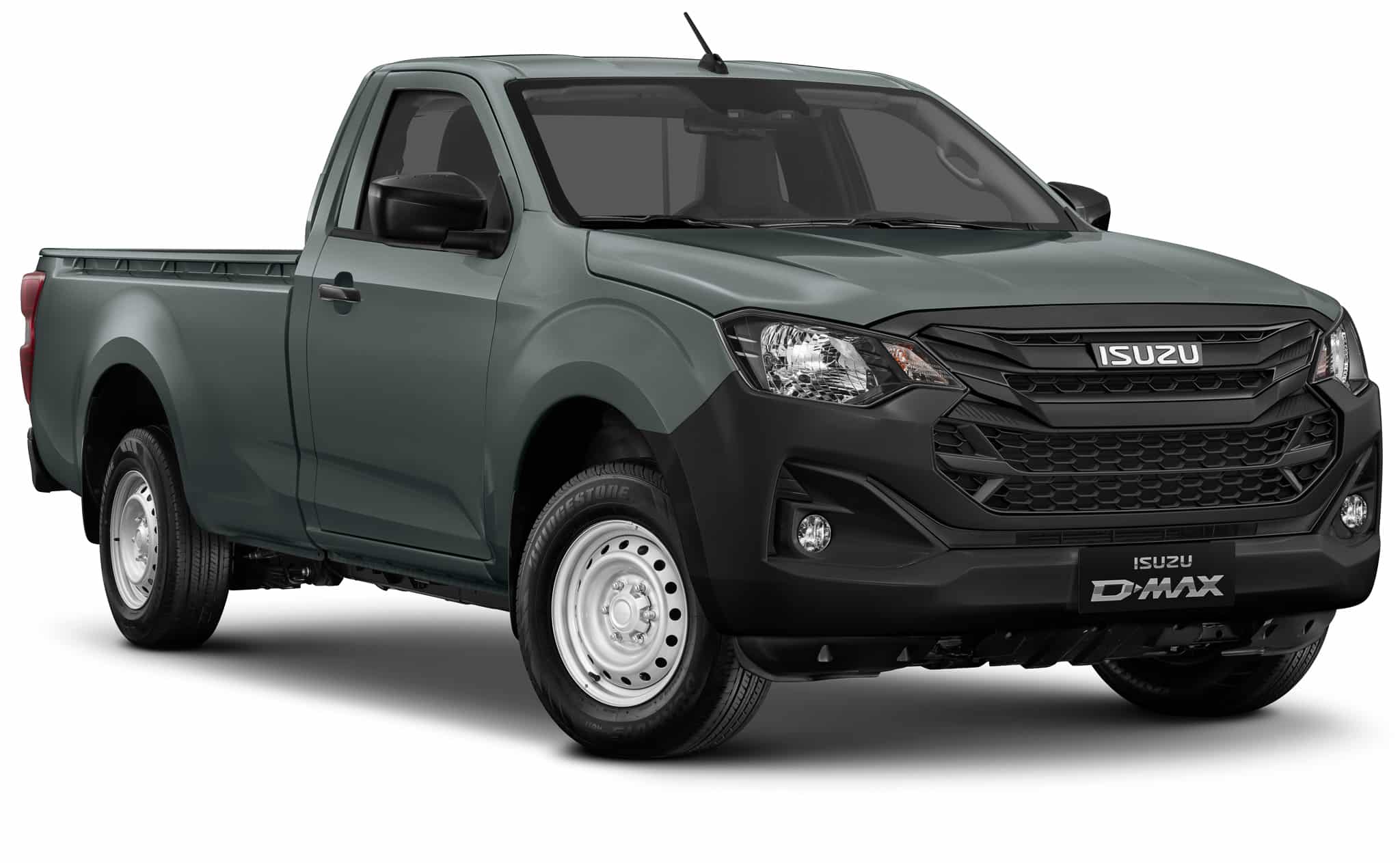 Pickup Isuzu D-MAX cabine simple gris, pare-chocs noir et jantes acier, utilitaire robuste.