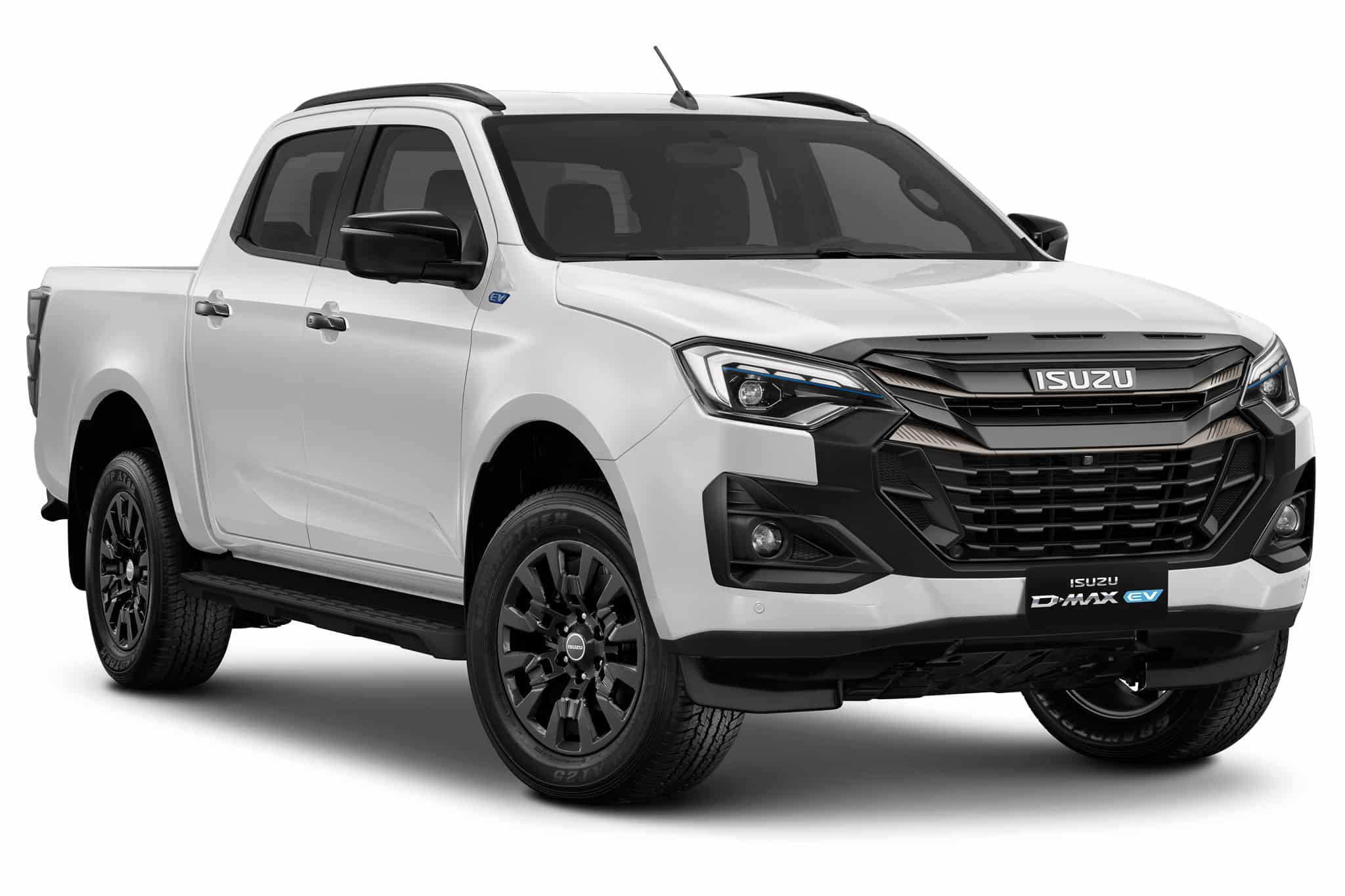 Isuzu D-Max EV blanc, vue trois-quarts face, calandre noire et logo D-Max EV.