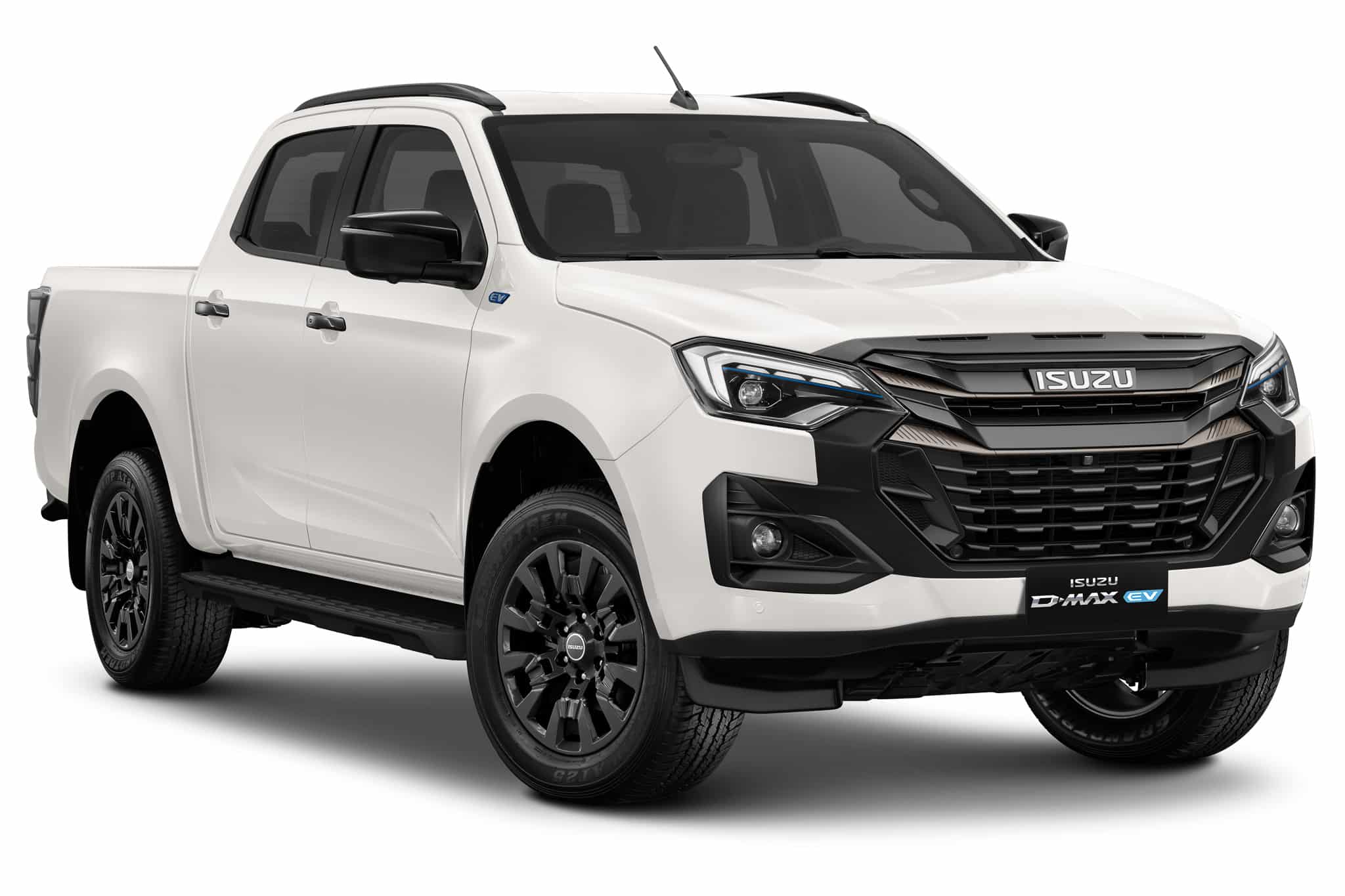 Isuzu D-MAX EV blanc, pick-up électrique double cabine avec finitions noires et logo EV.