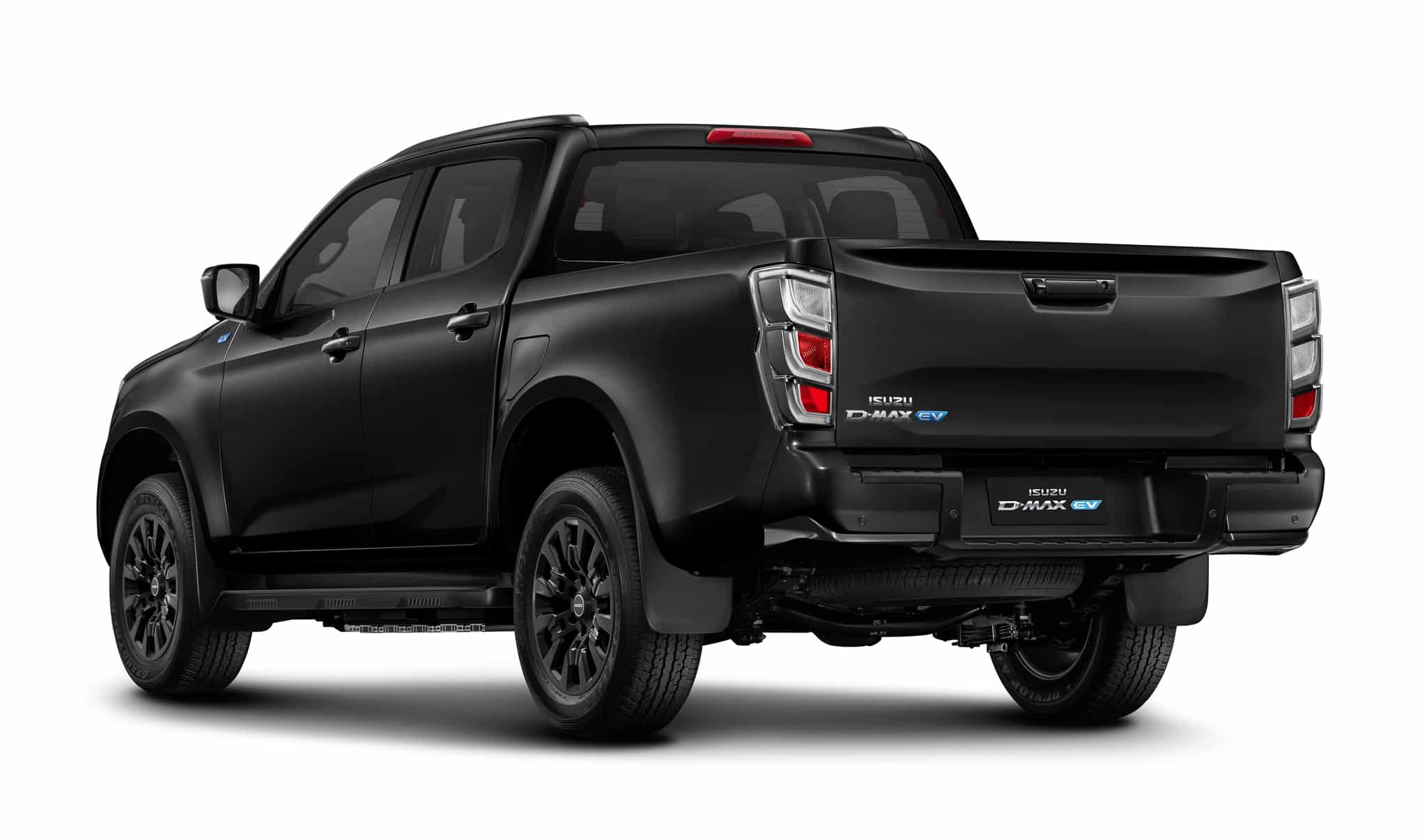 Isuzu D-MAX EV noir, pick-up électrique moderne vu de l'arrière.