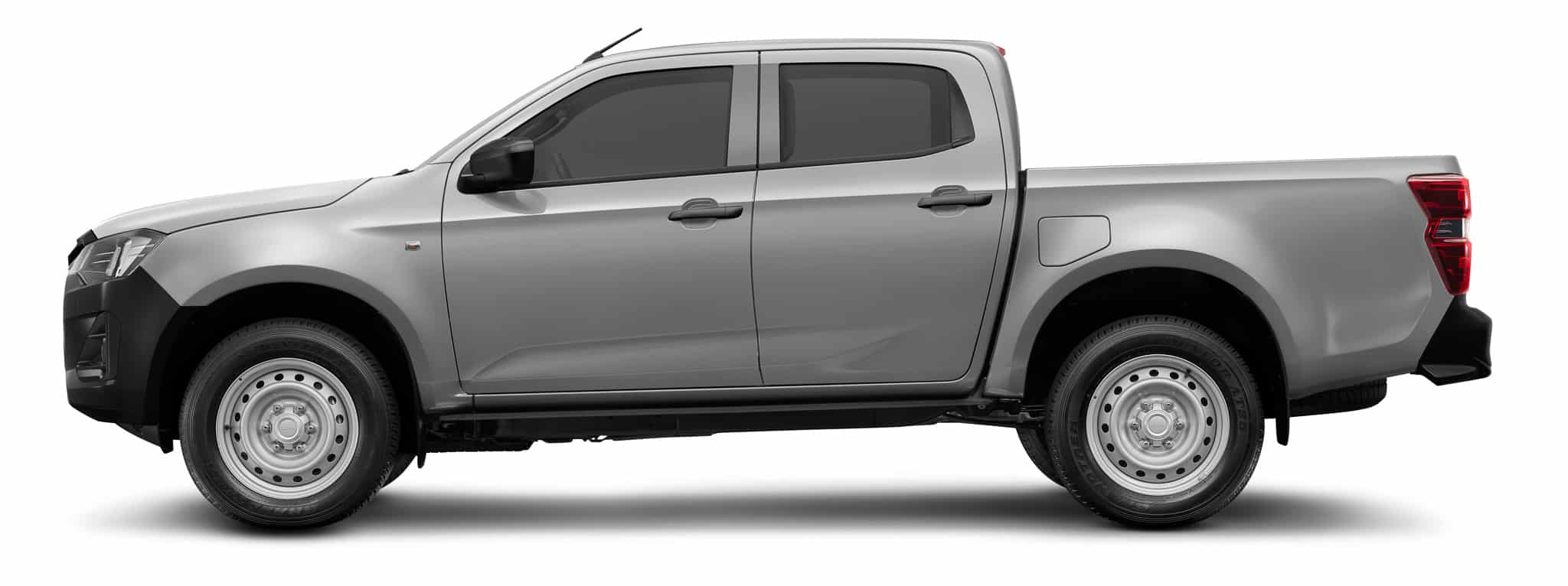 Pick-up Isuzu D-Max gris argent, vue de profil avec double cabine et jantes en acier sur fond blanc.