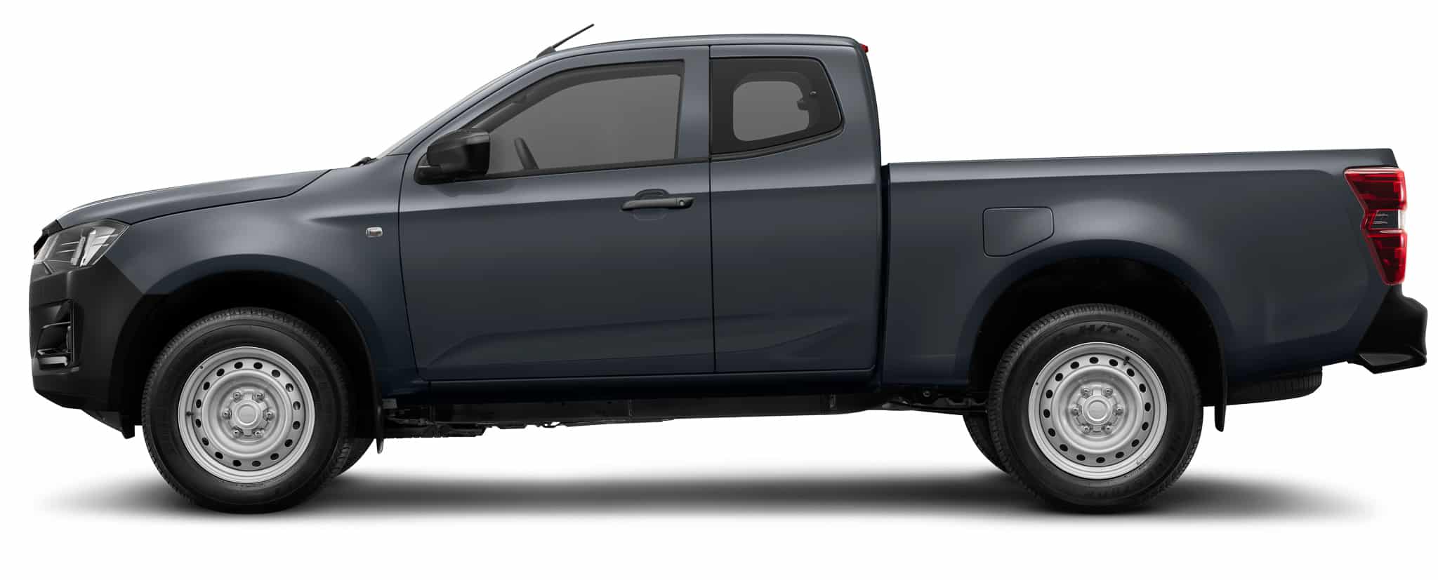 Isuzu D-Max gris, cabine approfondie, jantes acier, profil latéral sur fond blanc.
