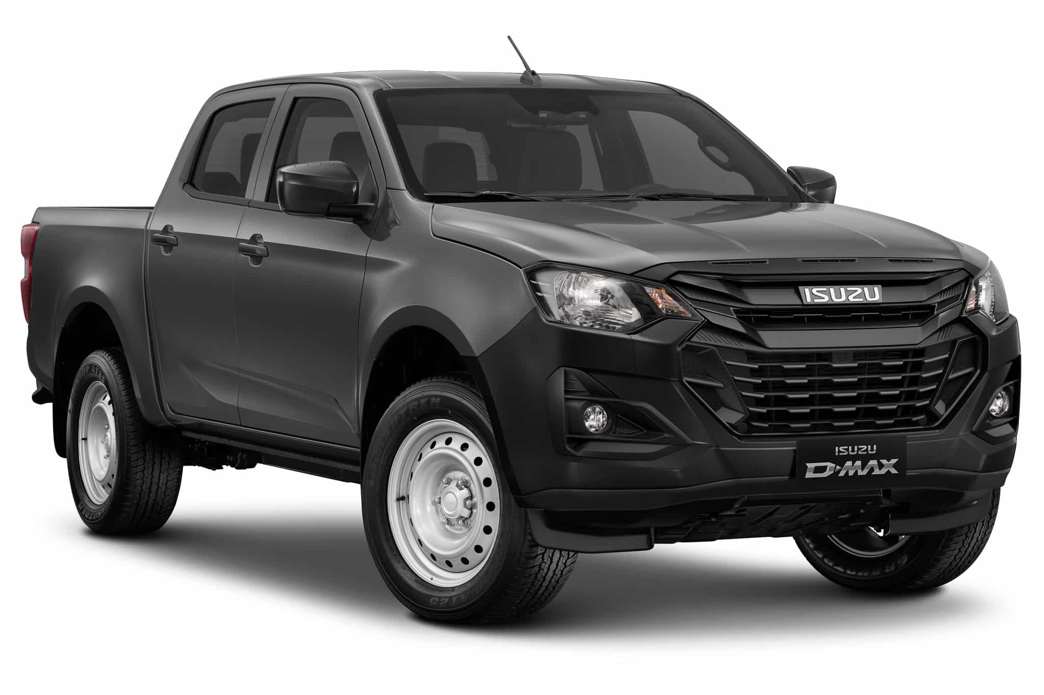 Pick-up Isuzu D-Max gris double cabine avec jantes en acier.