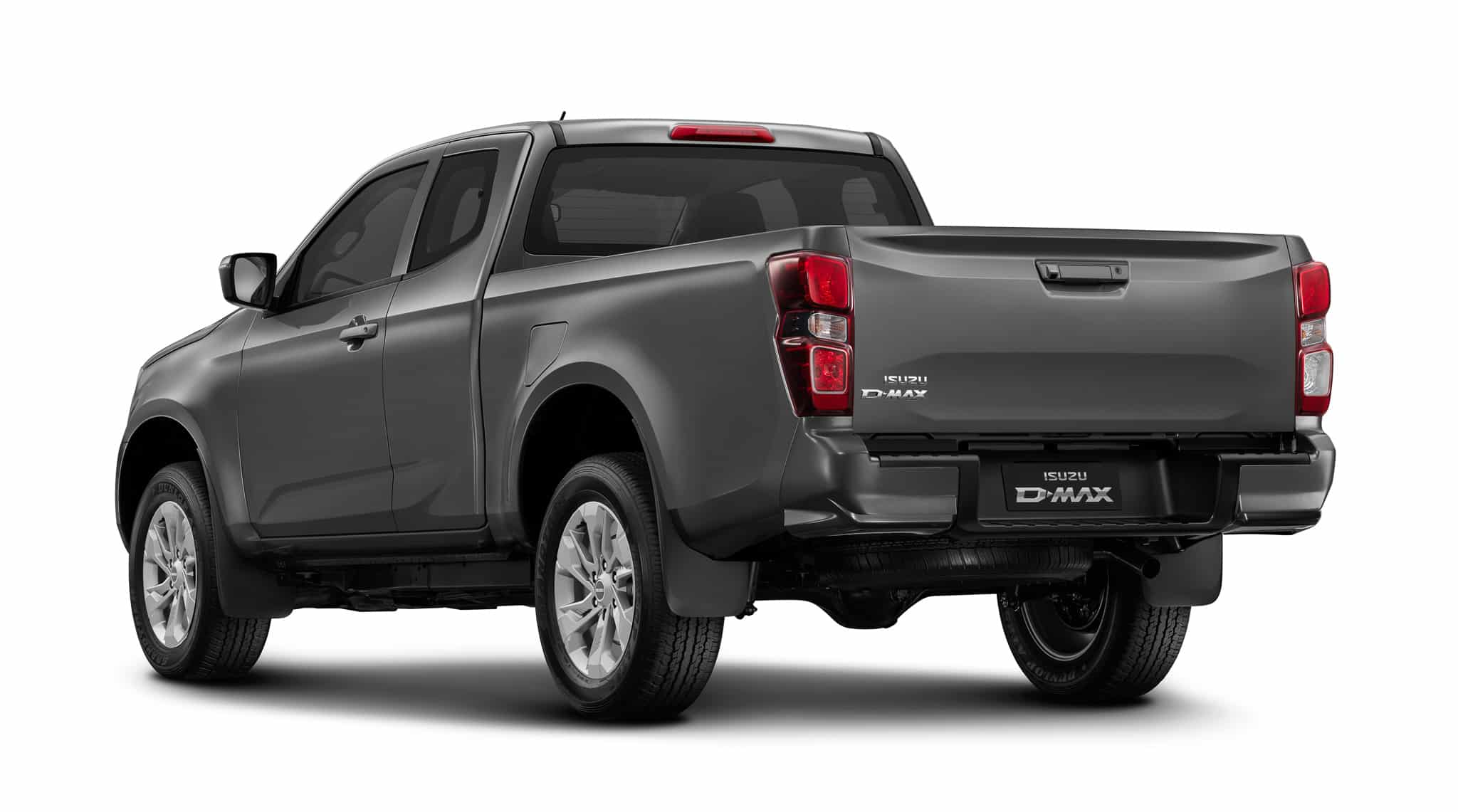 Isuzu D-MAX gris anthracite, vue arrière trois-quarts, logo ISUZU D-MAX sur le hayon.