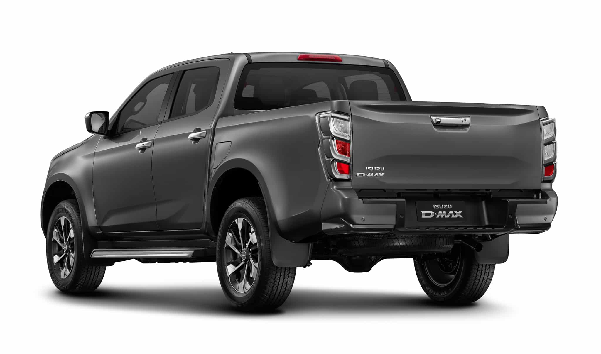 Isuzu D-Max gris anthracite, vue arrière trois-quarts, double cabine sur fond blanc.