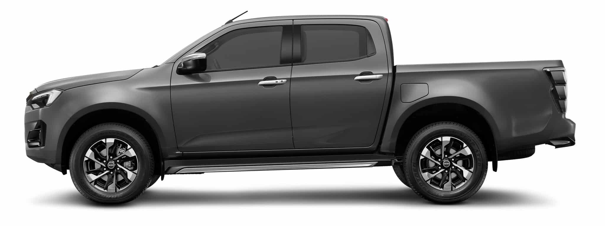 Isuzu D-Max gris de profil, pick-up double cabine avec jantes alliage sur fond blanc.