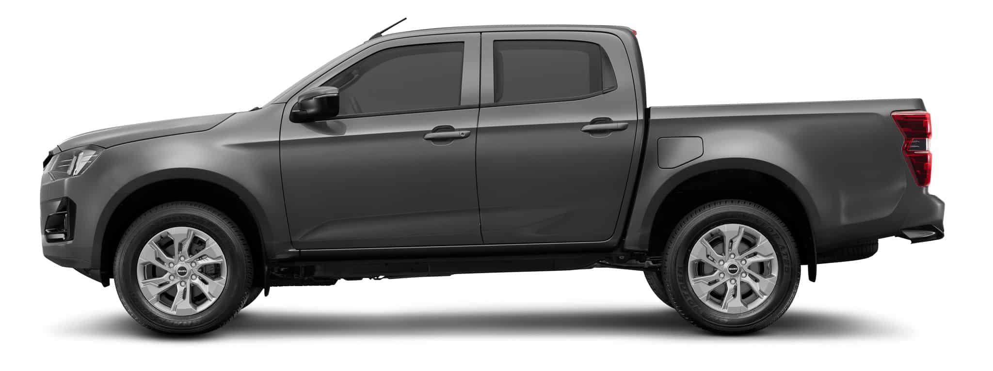 Isuzu D-Max gris, pickup double cabine moderne de profil sur fond blanc.