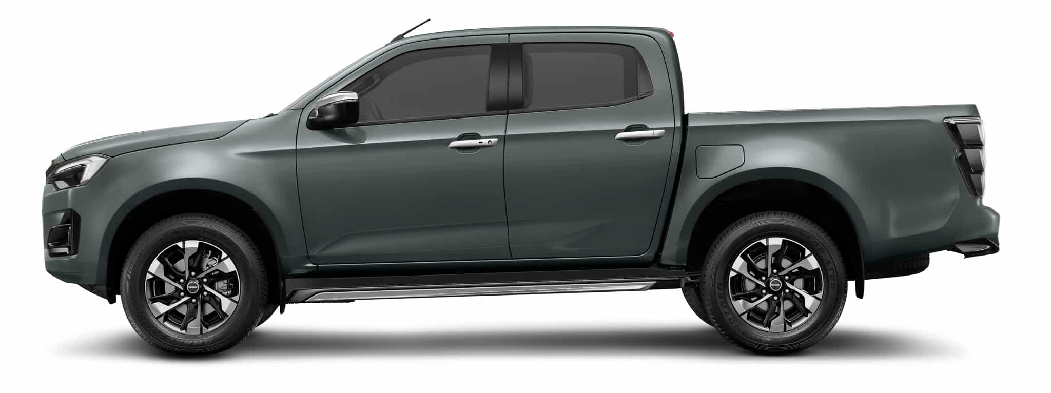 Pick-up Isuzu D-Max gris, vue de profil, double cabine et jantes alliage.