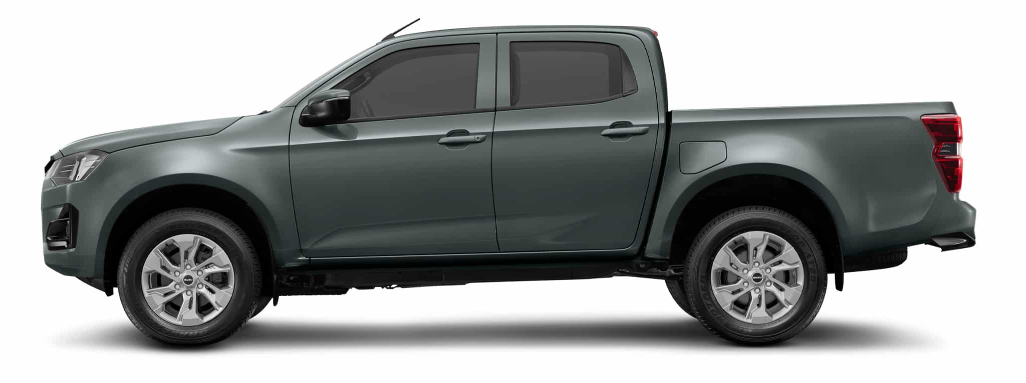 Isuzu D-Max gris de profil, pick-up double cabine avec jantes alliage sur fond blanc.