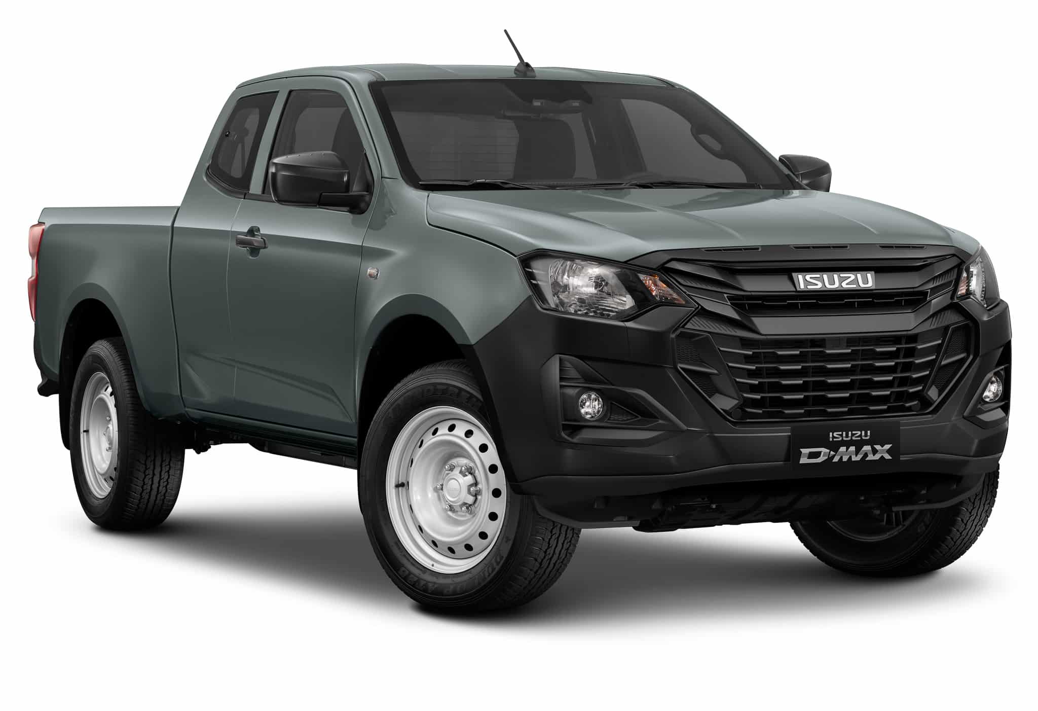 Pickup Isuzu D-Max gris avec cabine allongée, pare-chocs noir et jantes en acier blanc.