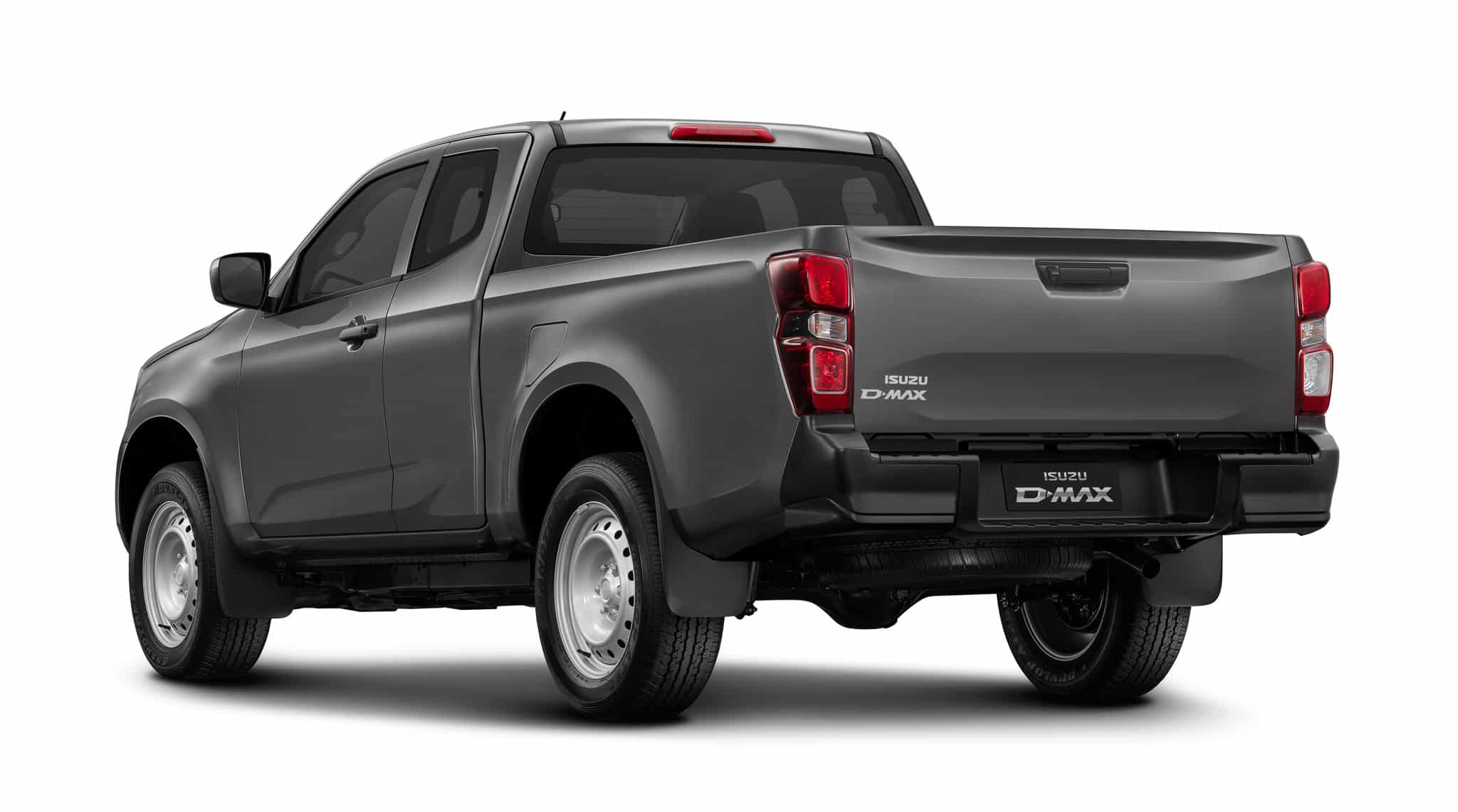 Pick-up Isuzu D-Max gris, vue arrière trois-quarts, roues acier. Marquage Isuzu D-MAX visible.