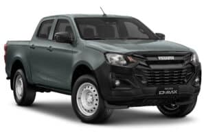 Pick-up Isuzu D-Max gris avec pare-chocs noir et jantes en acier blanc. Utilitaire robuste sur fond blanc.