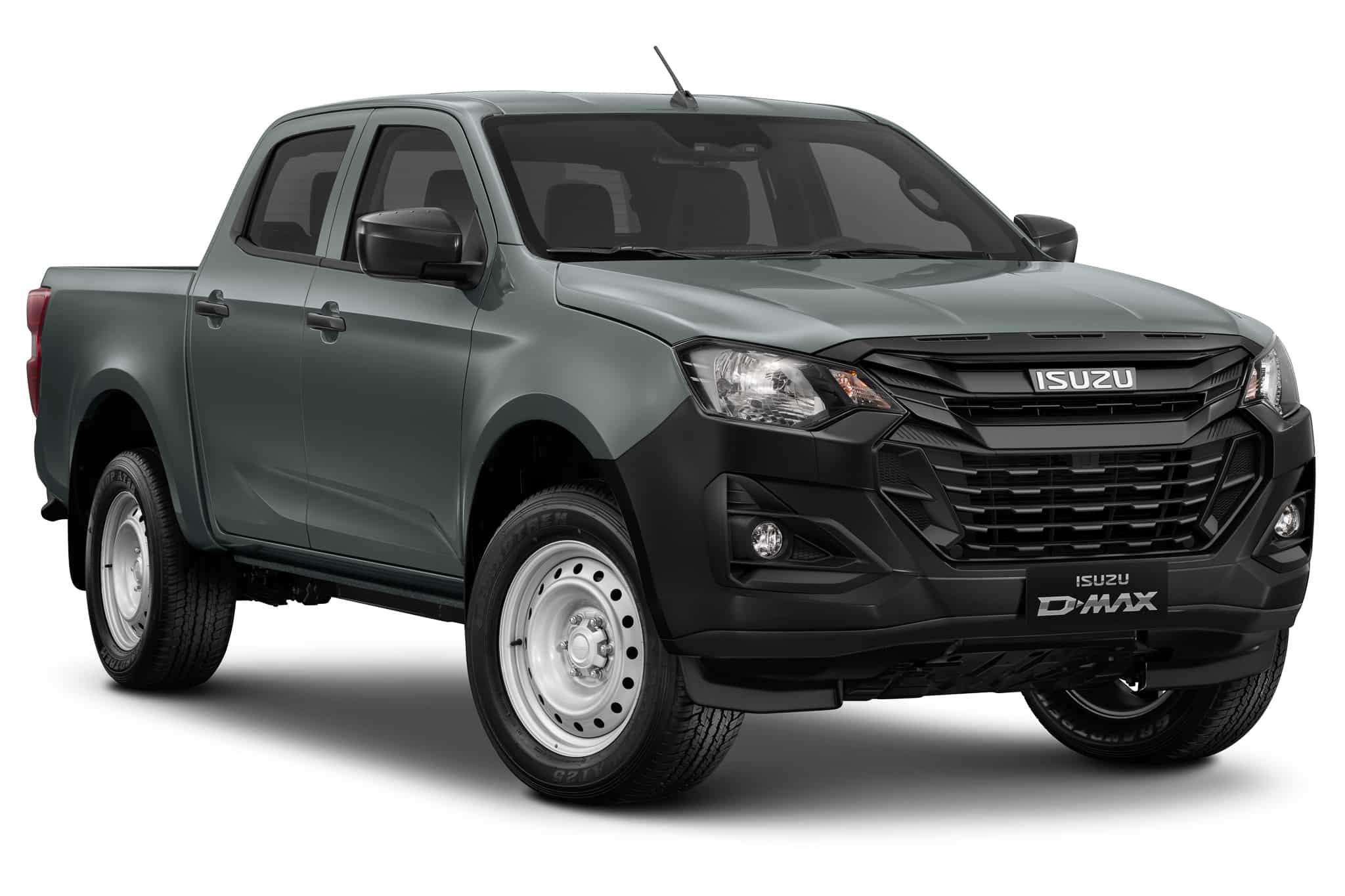 Pick-up Isuzu D-Max gris avec pare-chocs noir et jantes en acier blanc. Utilitaire robuste sur fond blanc.