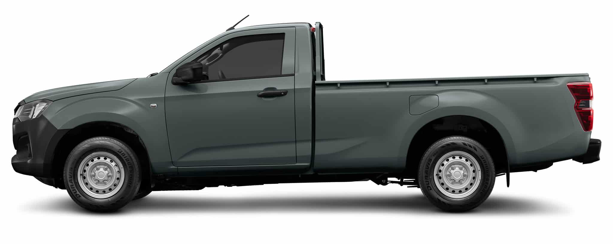 Isuzu D-Max gris, cabine simple, roues acier, profil latéral utilitaire.