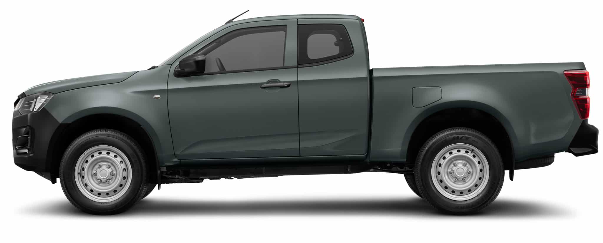 Isuzu D-MAX gris, profil, roues acier, pick-up utilitaire robuste.