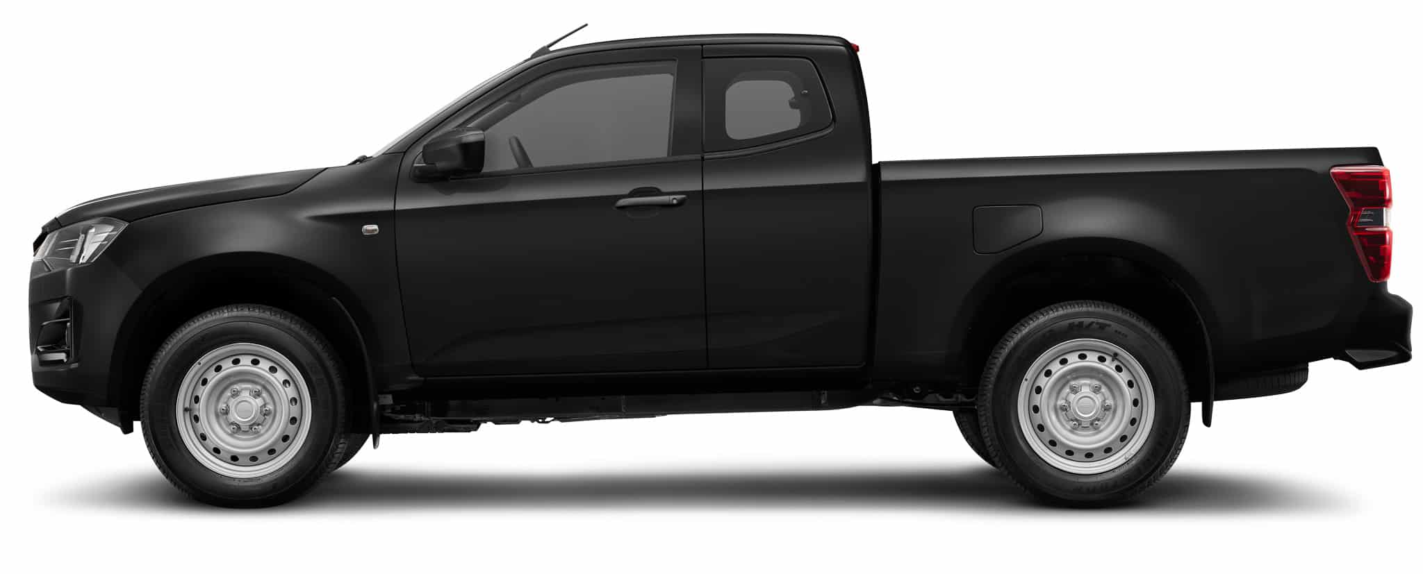 Pick-up Isuzu D-Max noir mat, vue latérale, cabine approfondie et jantes acier sur fond blanc.