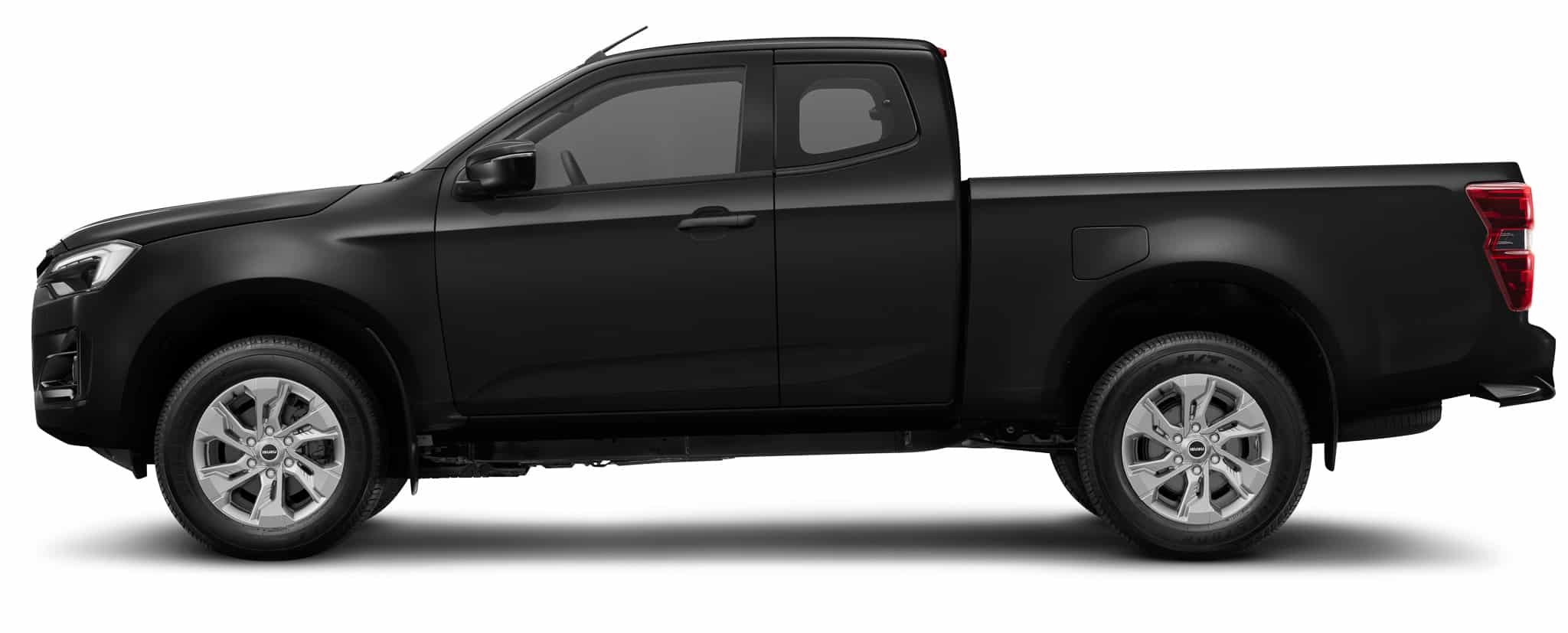 Pick-up Isuzu D-Max noir mat, cabine approfondie et jantes argentées vus de profil.