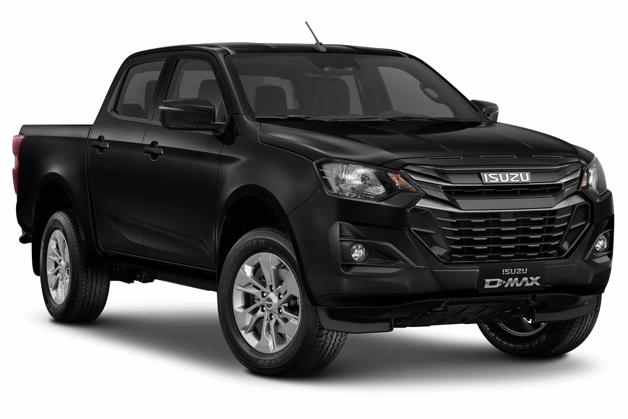Pick-up Isuzu D-MAX noir double cabine, design robuste avec jantes alliage, vue de trois-quarts face sur fond blanc.
