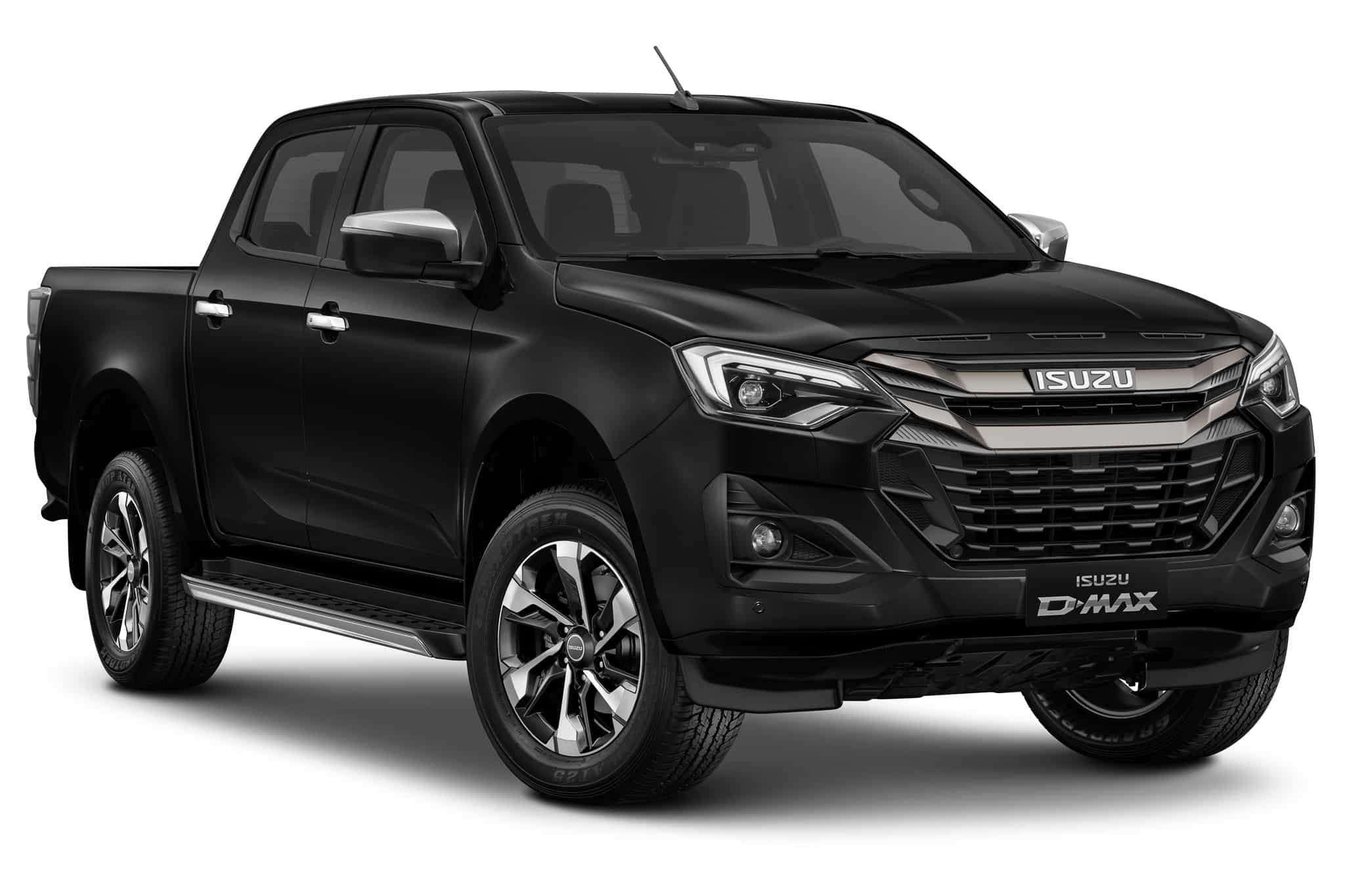 Pickup Isuzu D-MAX noir brillant, double cabine moderne avec jantes alliage, présenté sur fond blanc.