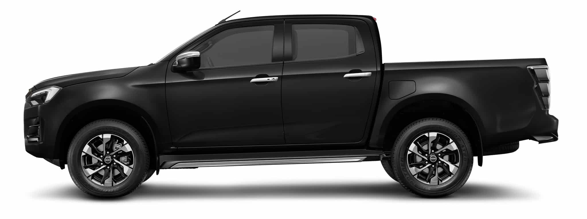 Isuzu D-Max noir de profil, double cabine et jantes sport.
