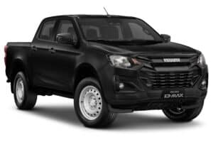 Isuzu D-Max noir double cabine, utilitaire robuste avec jantes acier sur fond blanc.