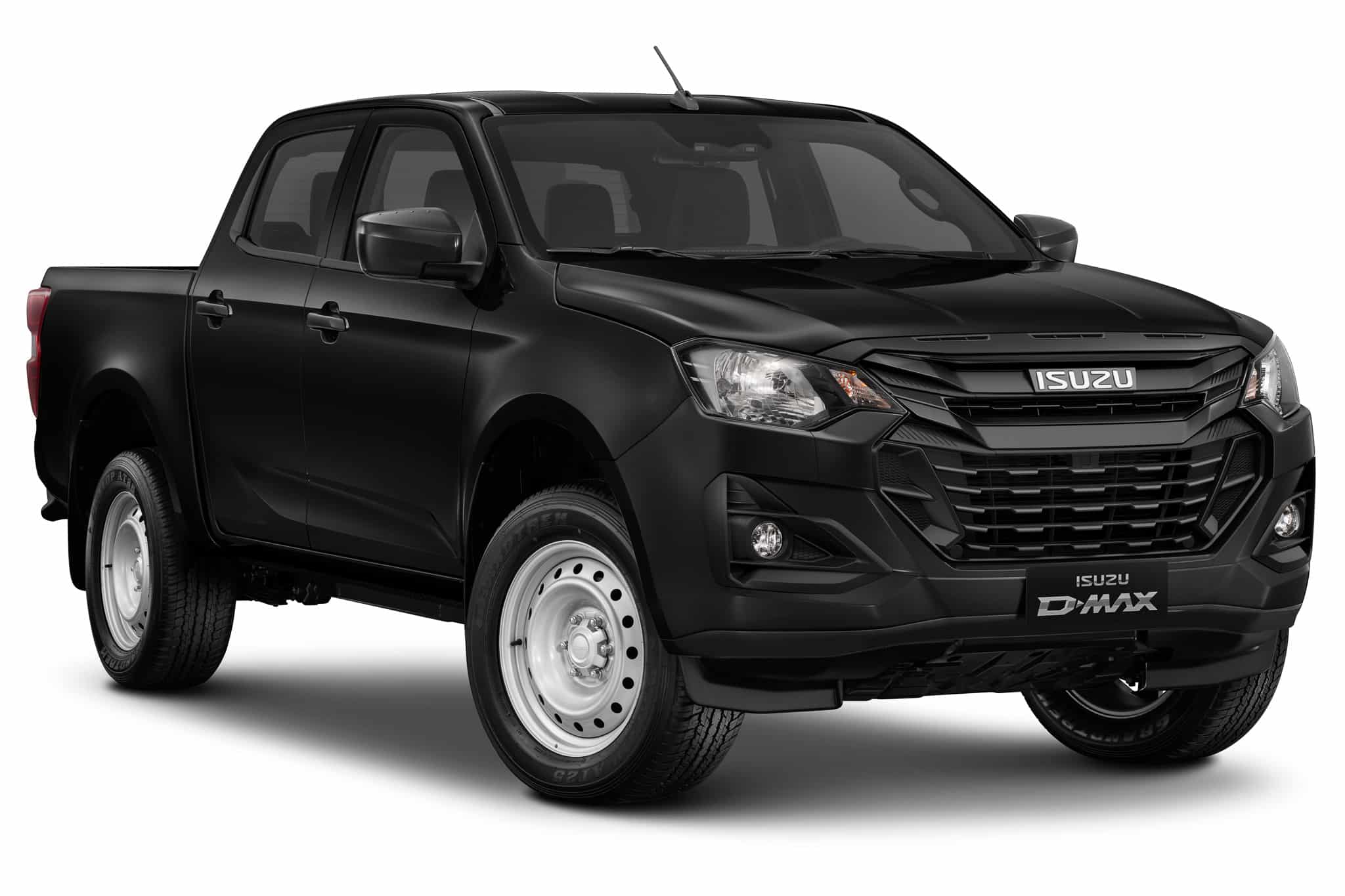 Isuzu D-Max noir double cabine, utilitaire robuste avec jantes acier sur fond blanc.