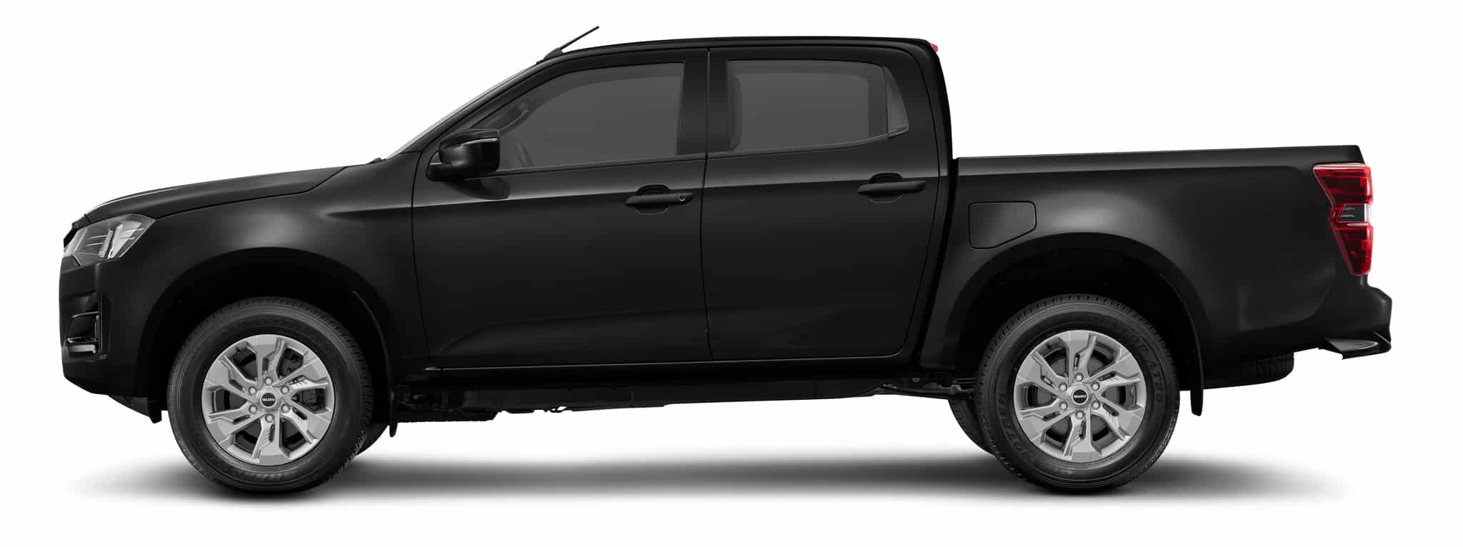 Profil pick-up Isuzu D-Max noir, jantes alliage, fond blanc.