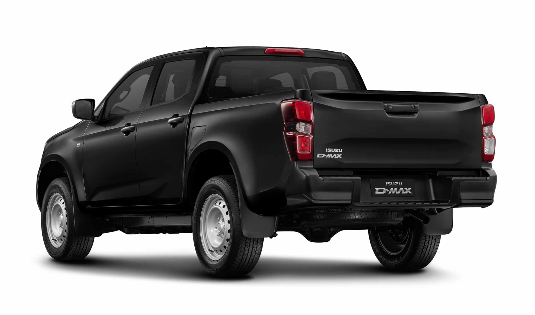Isuzu D-MAX noir, vue arrière avec jantes acier et logos sur le hayon.