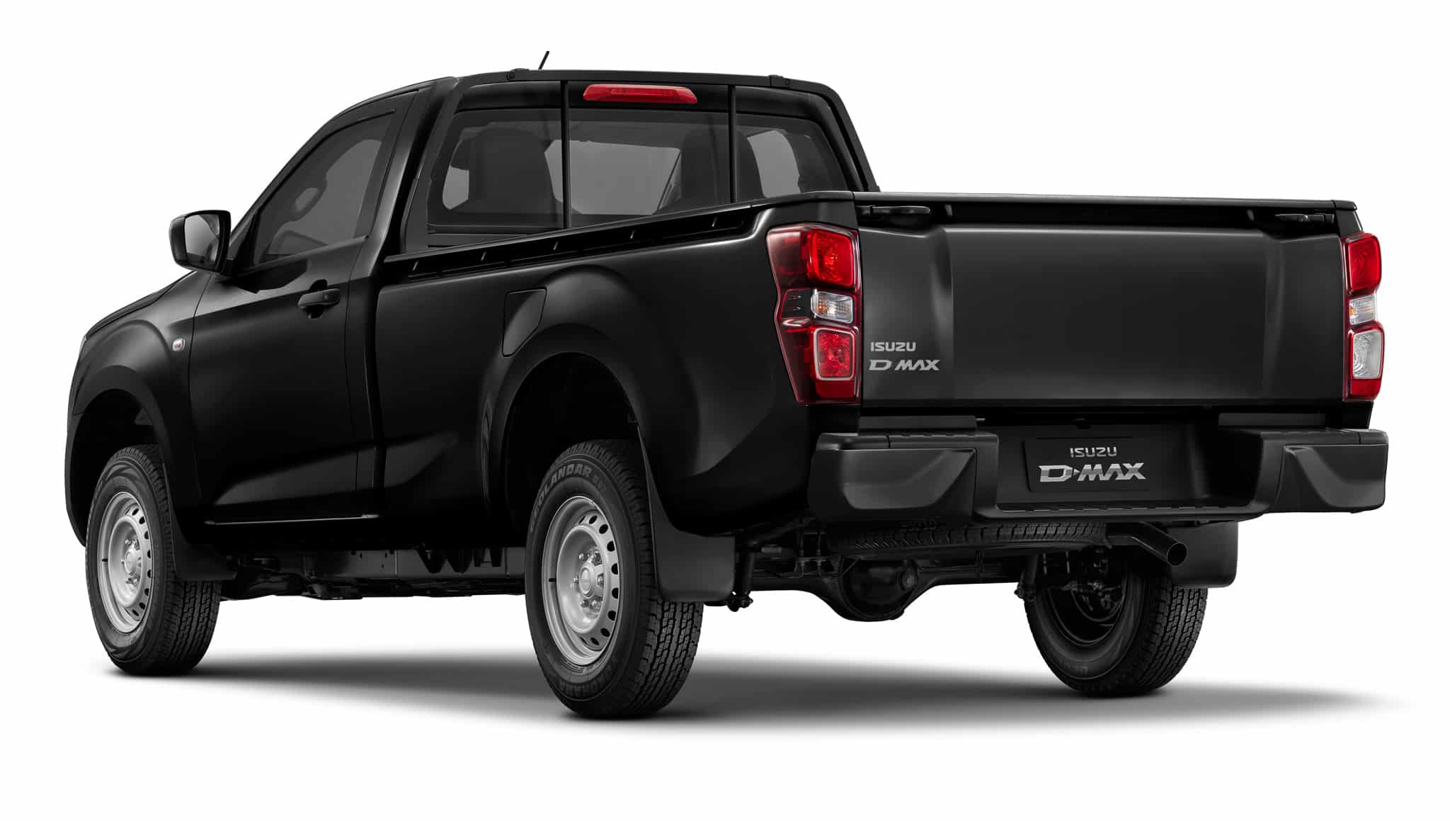 Pick-up Isuzu D-MAX noir, cabine simple, jantes acier. Vue arrière trois-quarts sur fond blanc.