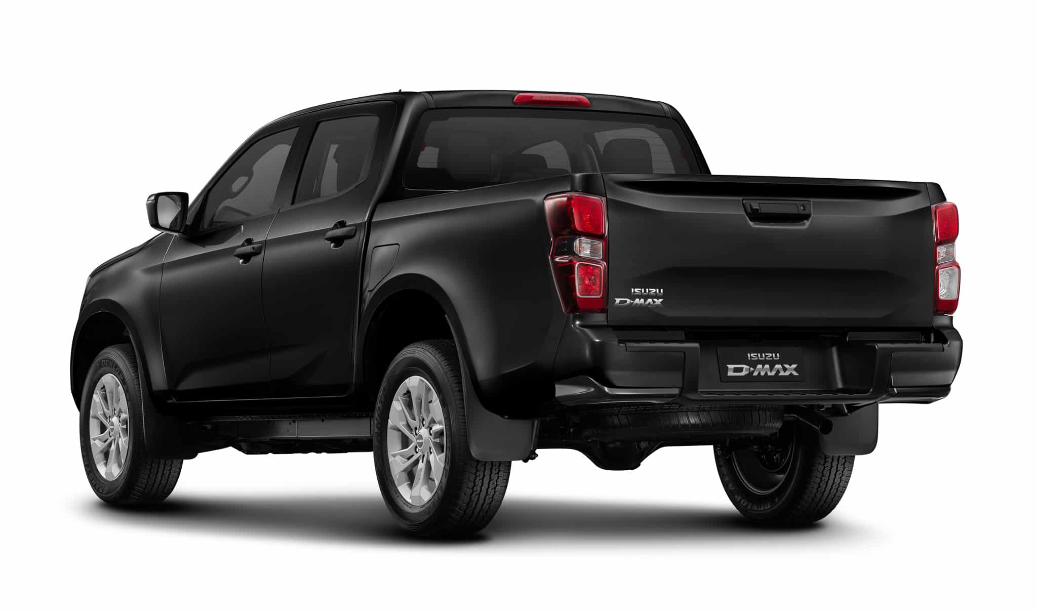 Isuzu D-MAX noir, vue arrière sur fond blanc. Logos Isuzu D-MAX visibles sur le hayon.