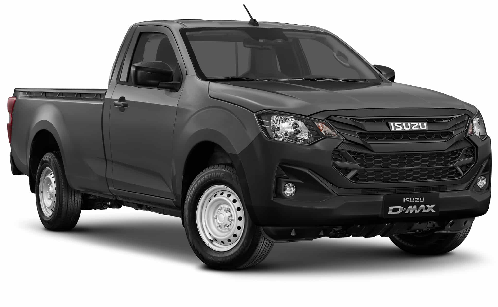 Pick-up Isuzu D-MAX gris à cabine simple avec jantes en acier blanches.