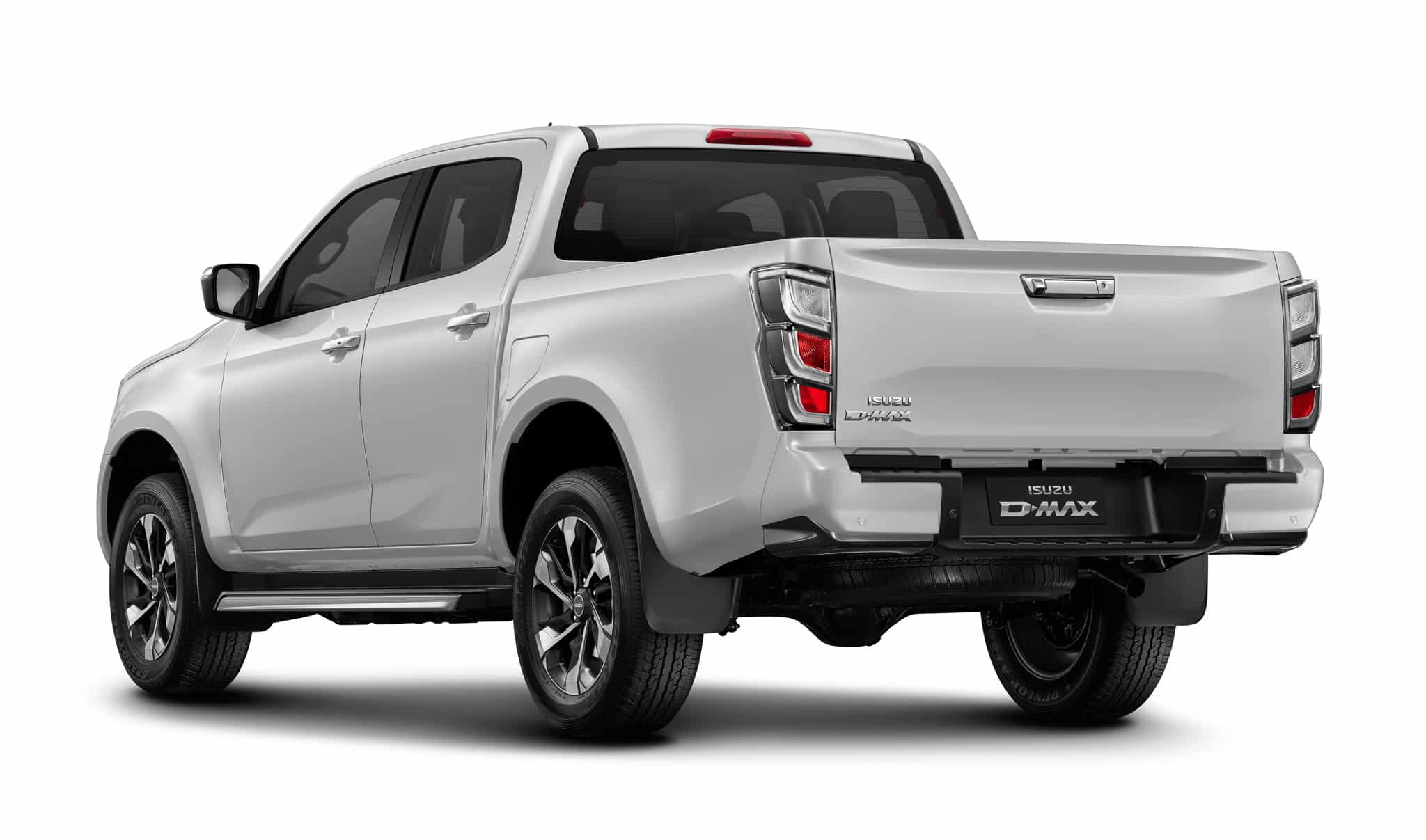 Isuzu D-MAX argenté, vue arrière trois-quarts montrant la benne et jantes alliage.