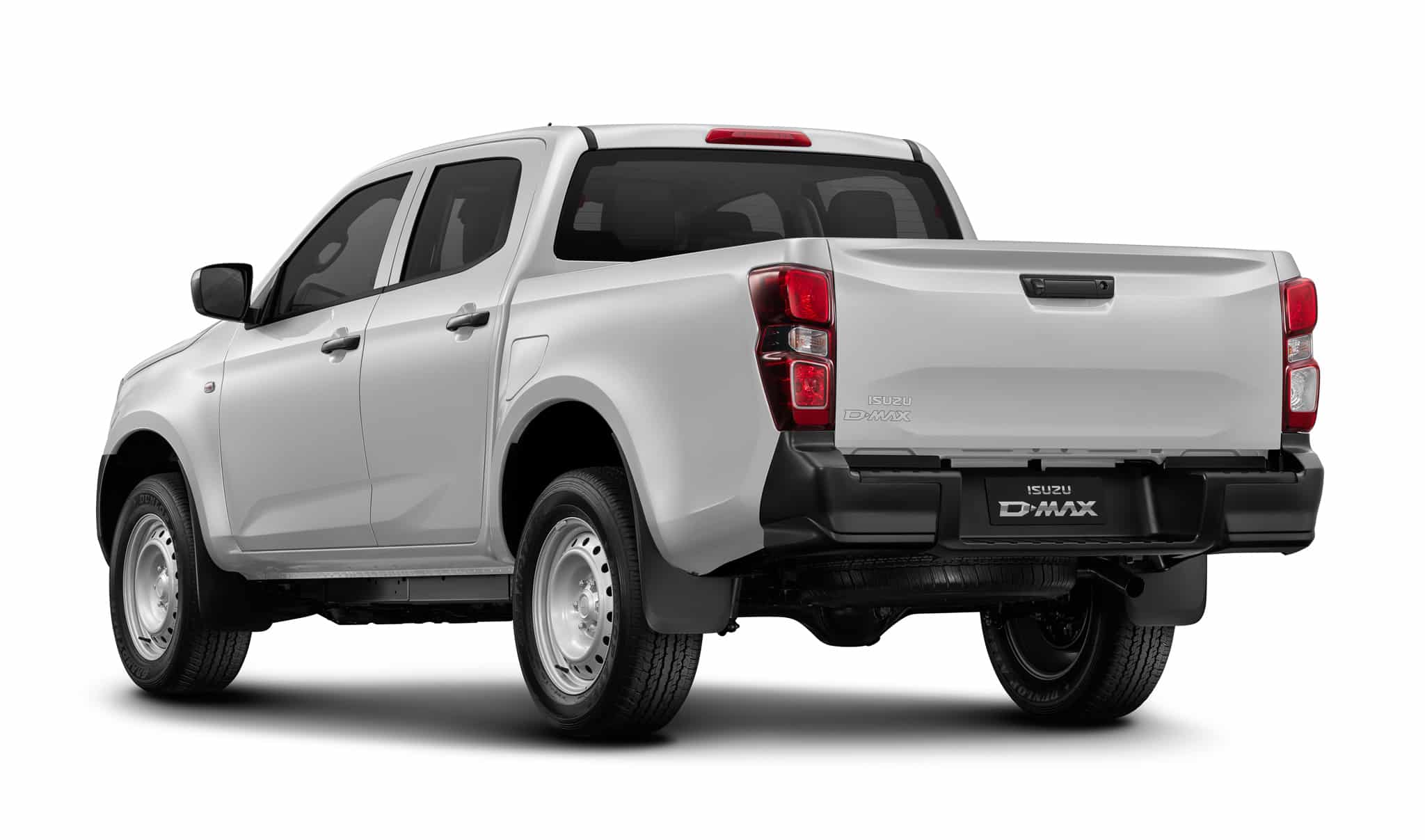 Isuzu D-MAX blanc, double cabine, vue arrière trois-quarts.