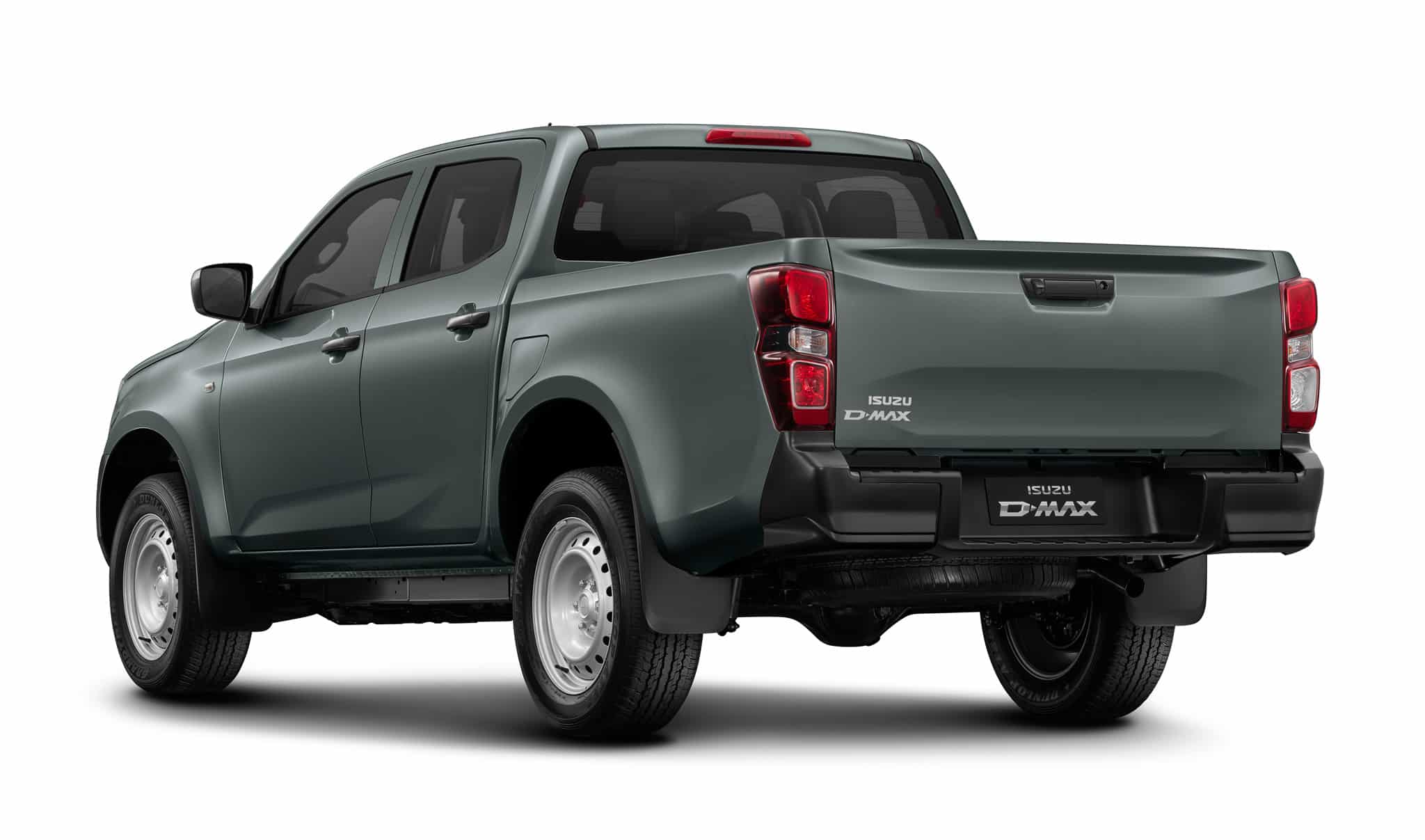 Pickup Isuzu D-MAX gris à double cabine, vue arrière de trois-quarts avec roues en acier sur fond blanc.