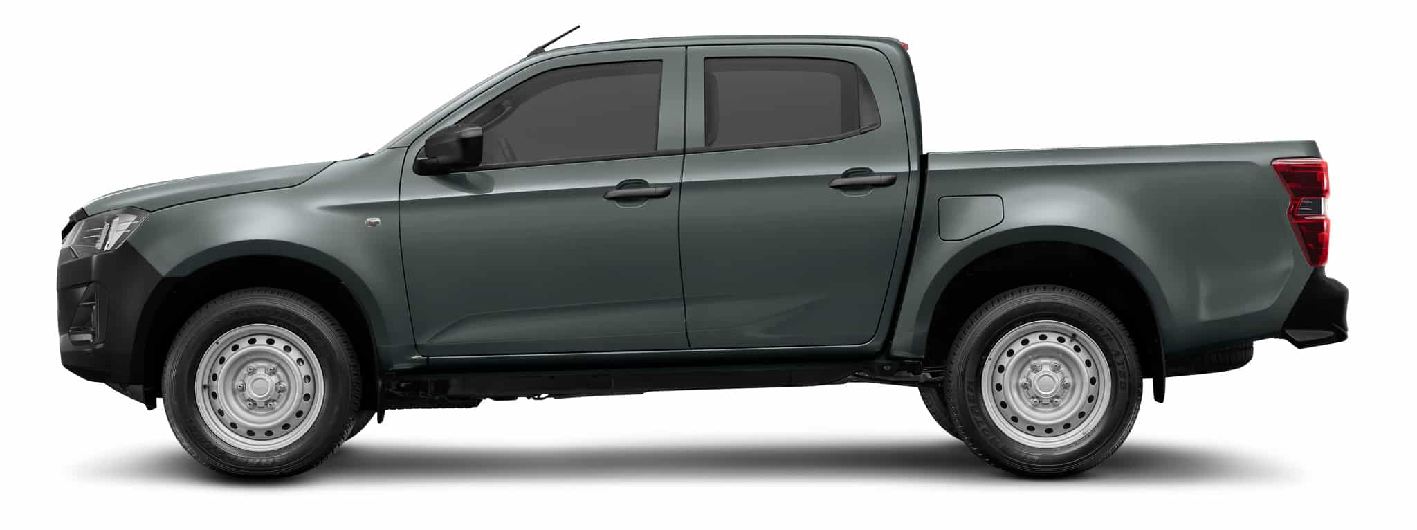 Isuzu D-Max gris foncé double cabine de profil, jantes acier.