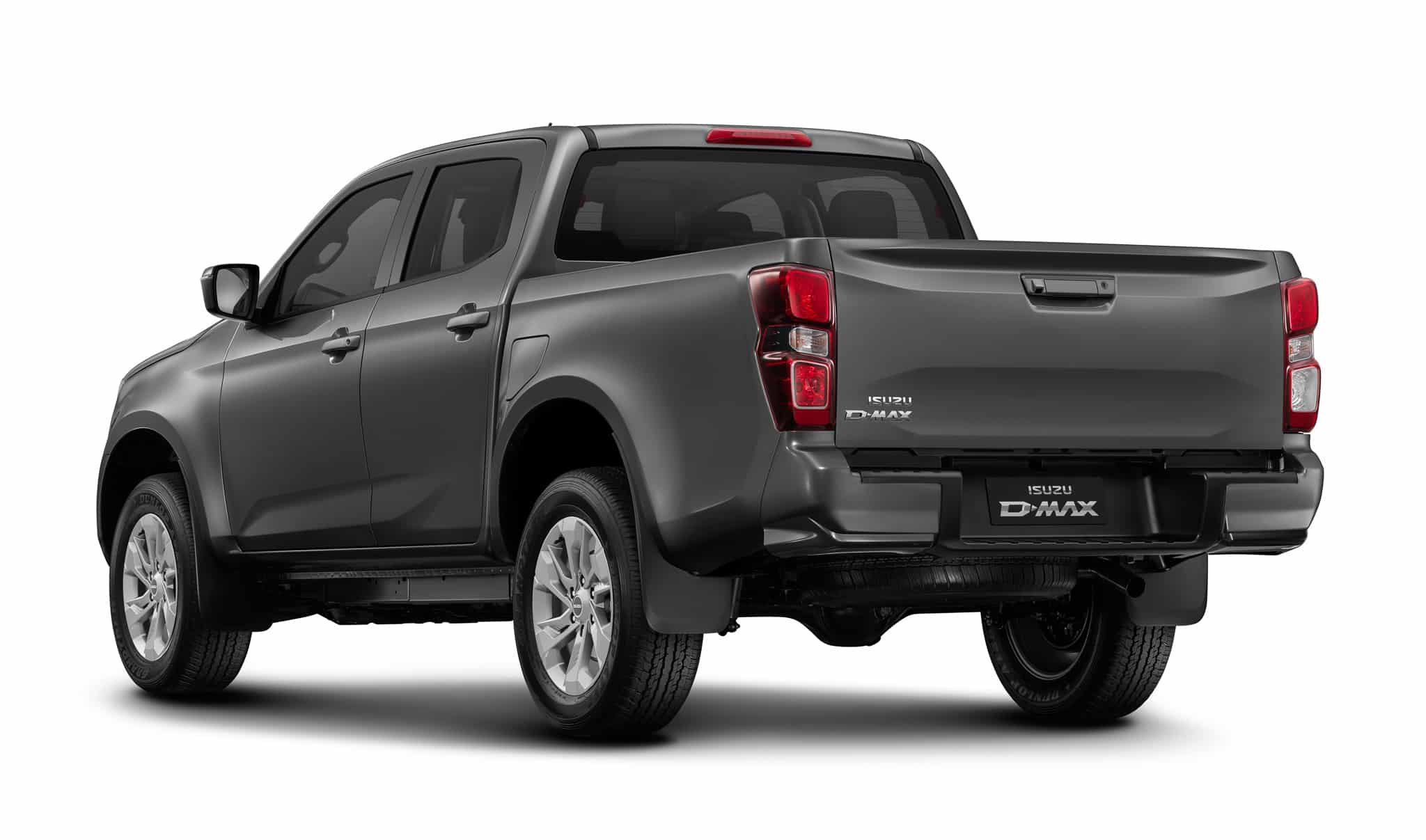 Pick-up Isuzu D-MAX gris foncé, vue arrière, design robuste sur fond blanc.