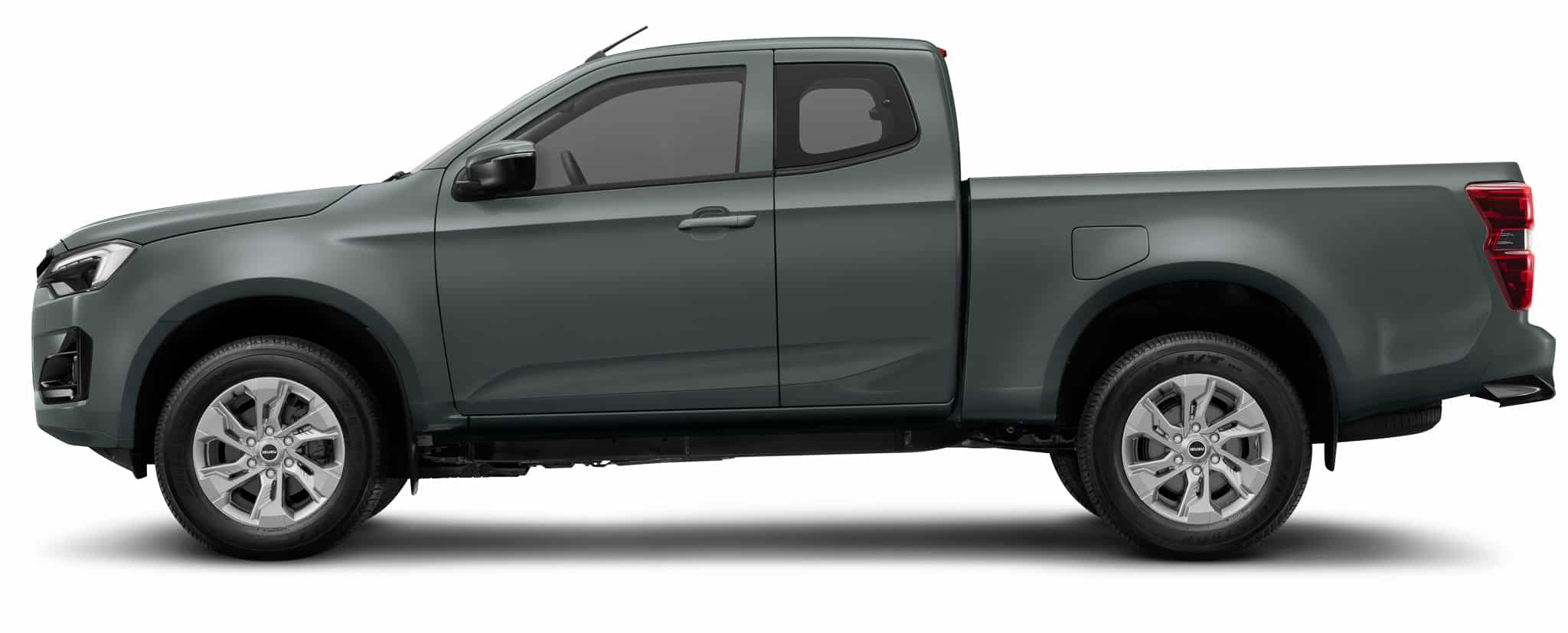 Pick-up Isuzu D-Max gris, profil cabine approfondie et jantes logo Isuzu.