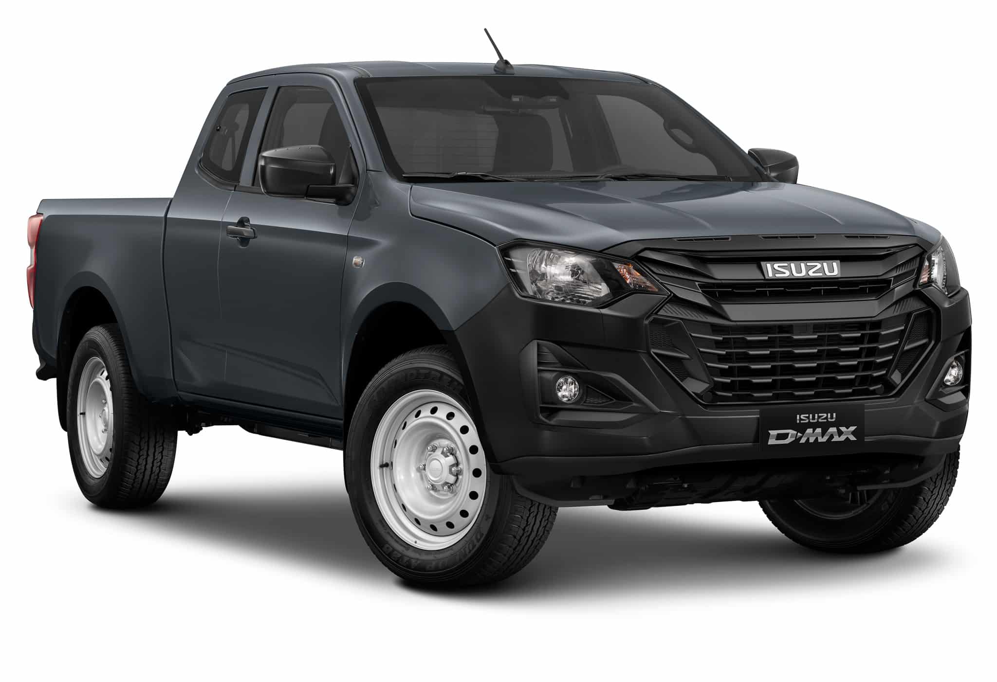 Isuzu D-Max gris, cabine allongée, pare-chocs noirs et jantes acier sur fond blanc.