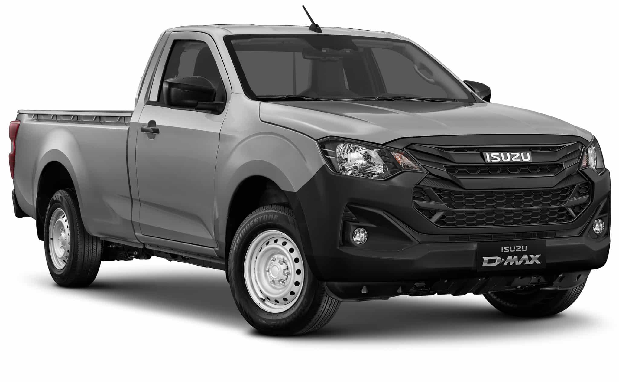 Isuzu D-MAX argenté, pick-up simple cabine robuste avec pare-chocs noir et jantes en acier.