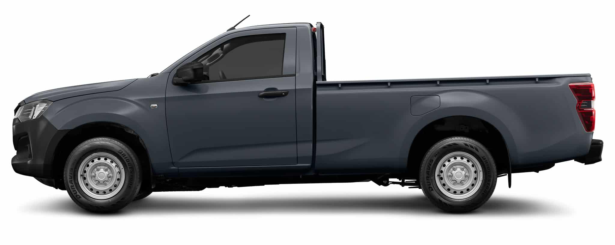 Isuzu D-Max simple cabine gris foncé de profil, utilitaire sur fond blanc.