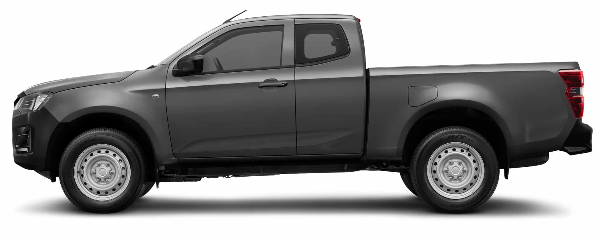 Isuzu D-Max gris foncé Space Cab, jantes acier, profil sur fond blanc.