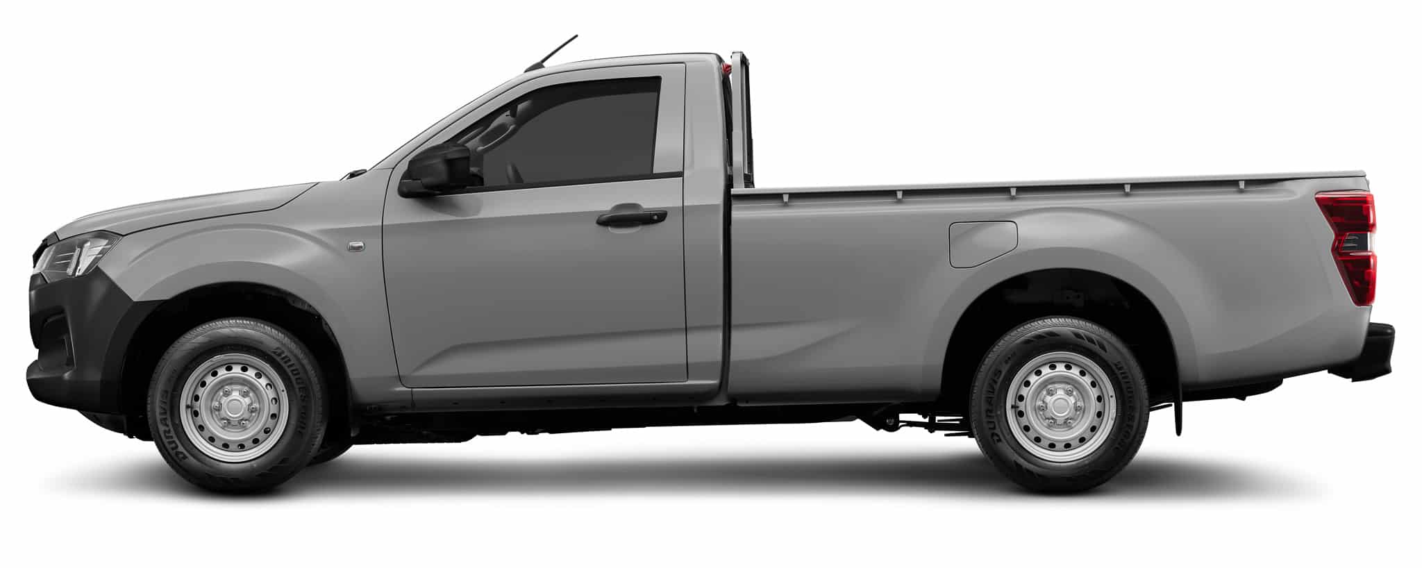Camionnette grise à cabine simple, profil latéral sur fond blanc avec jantes en acier.