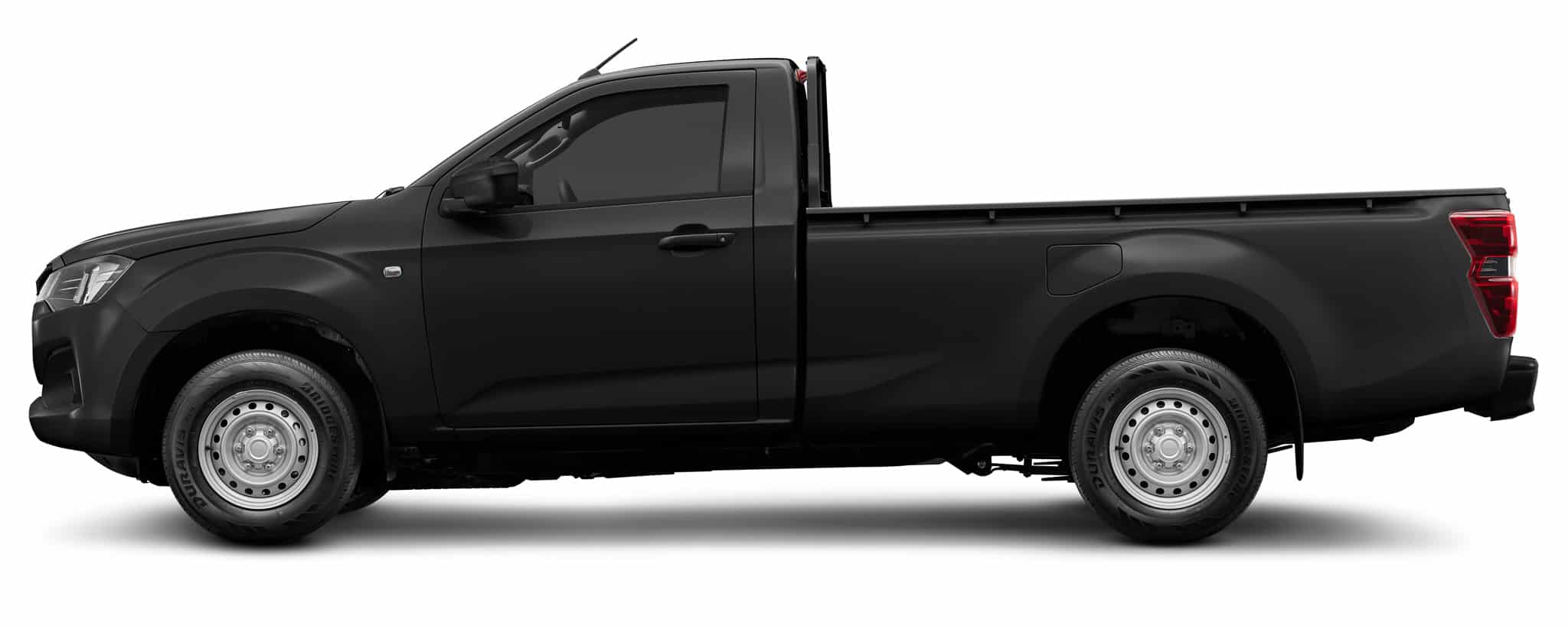 Pick-up noir utilitaire simple cabine de profil, pneus Bridgestone Duravis sur fond blanc.